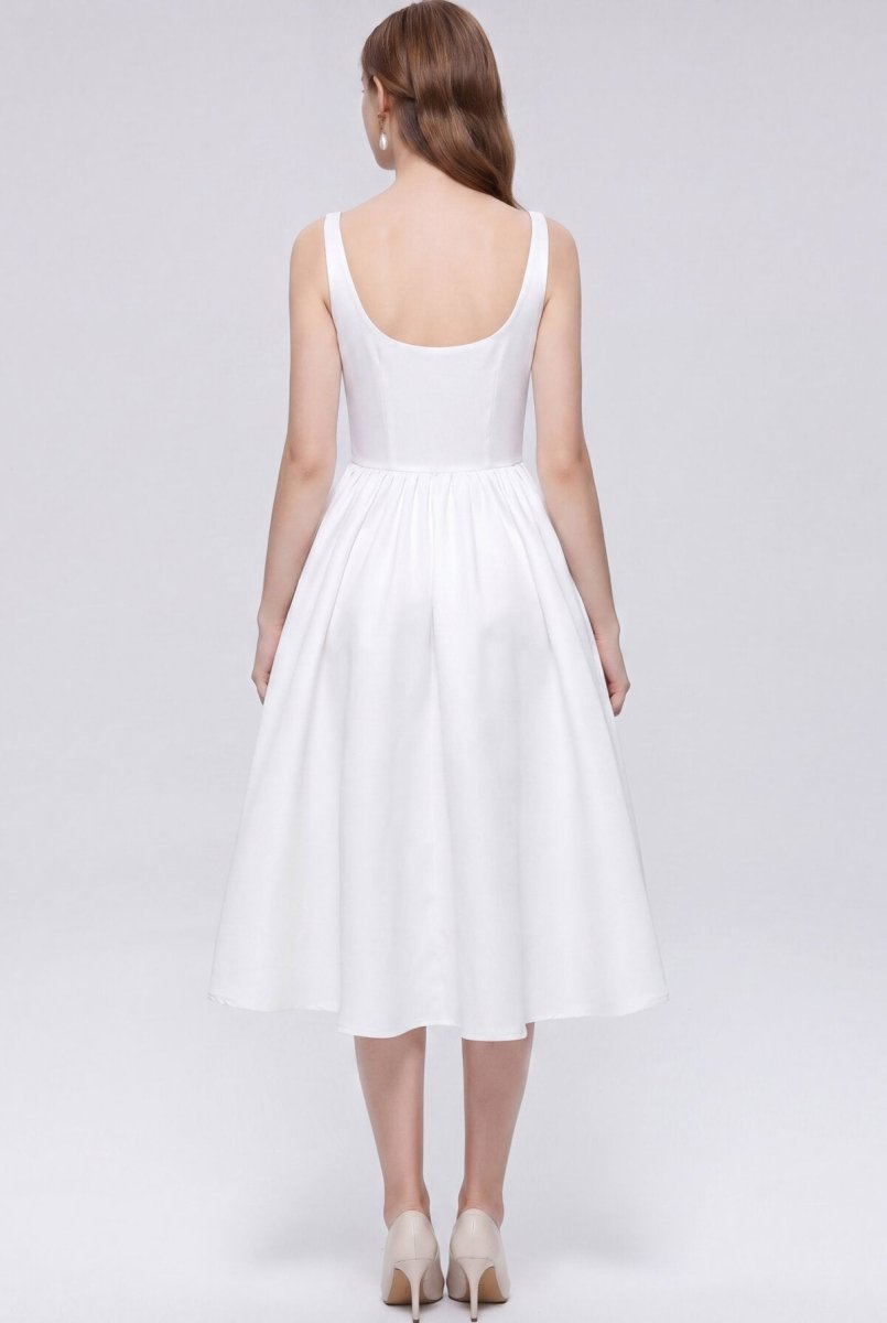 Satin Squared Sweetheart Bow Midi Dress with Structured Straps and Full Skirt