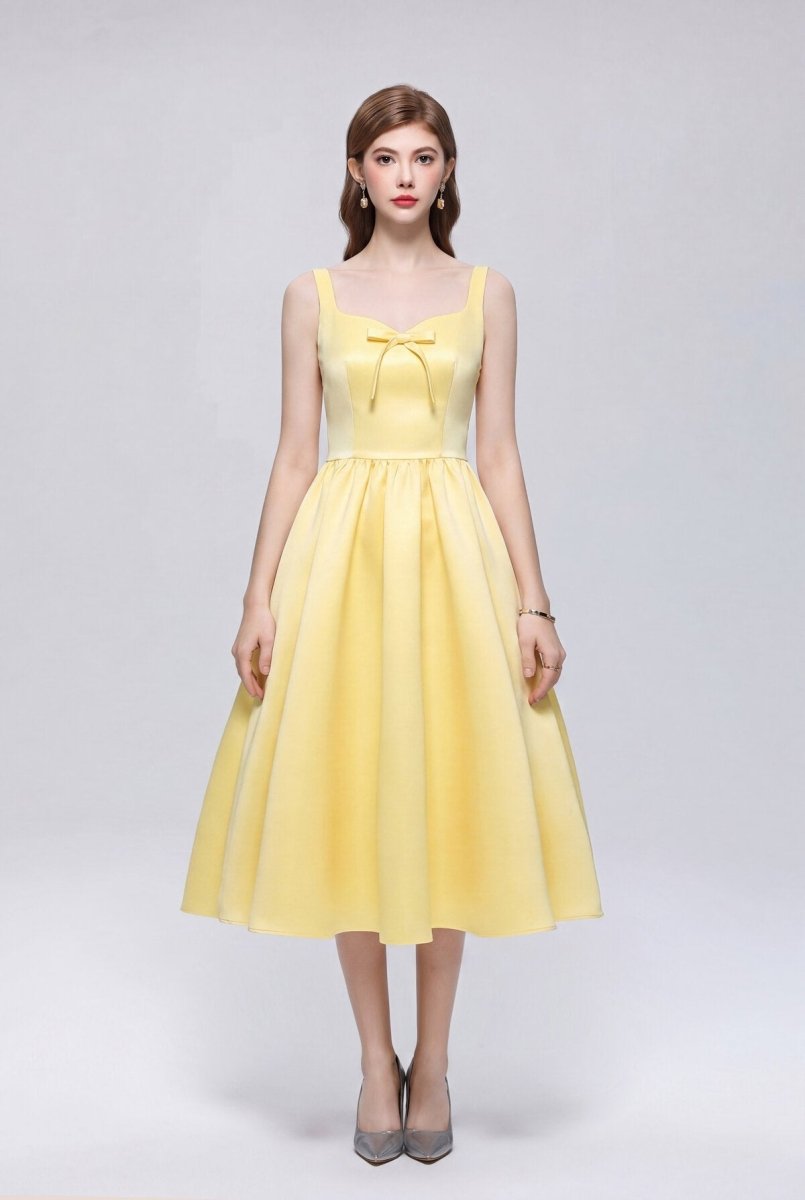 Satin Squared Sweetheart Bow Midi Dress with Structured Straps and Full Skirt