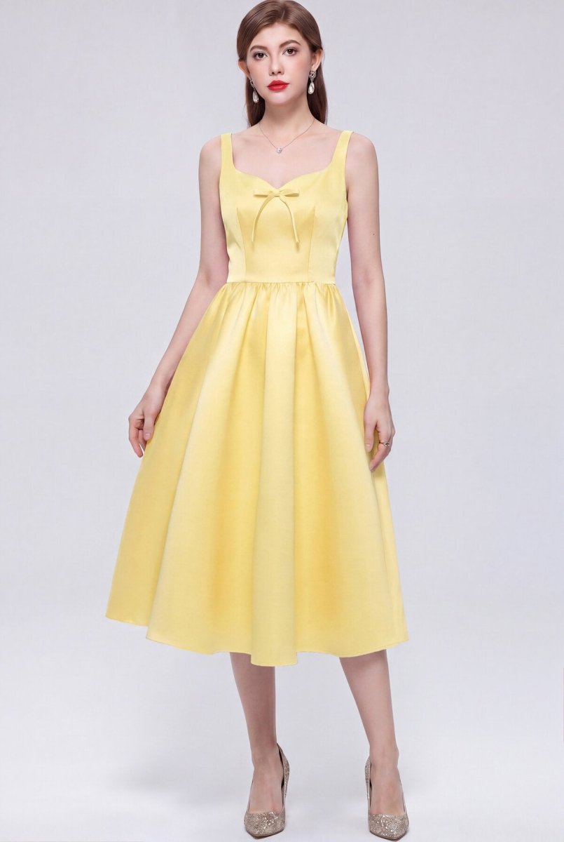 Satin Squared Sweetheart Bow Midi Dress with Structured Straps and Full Skirt