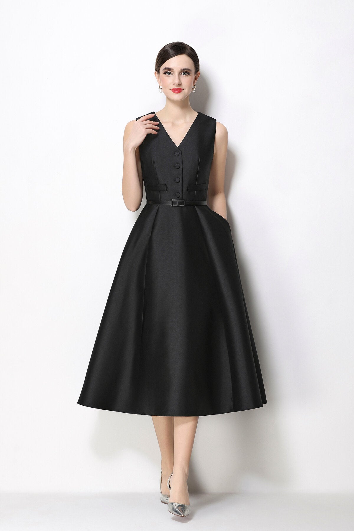 Satin V-Neck Button-Front Sleeveless Midi Dress with Belted Waist