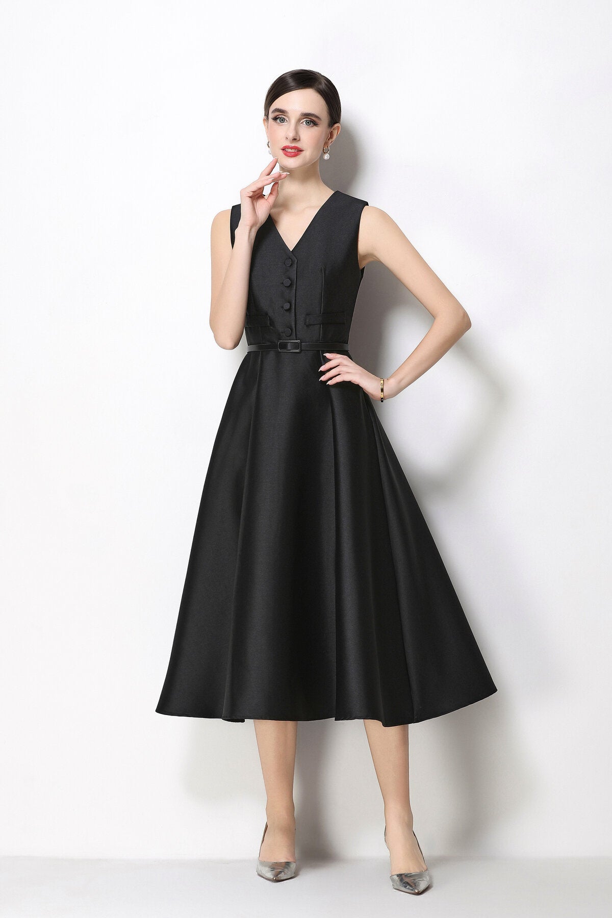 Satin V-Neck Button-Front Sleeveless Midi Dress with Belted Waist