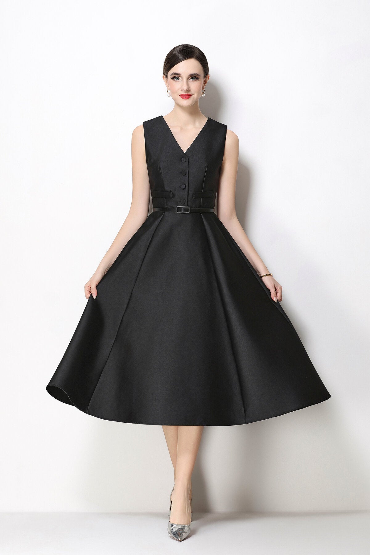Satin V-Neck Button-Front Sleeveless Midi Dress with Belted Waist