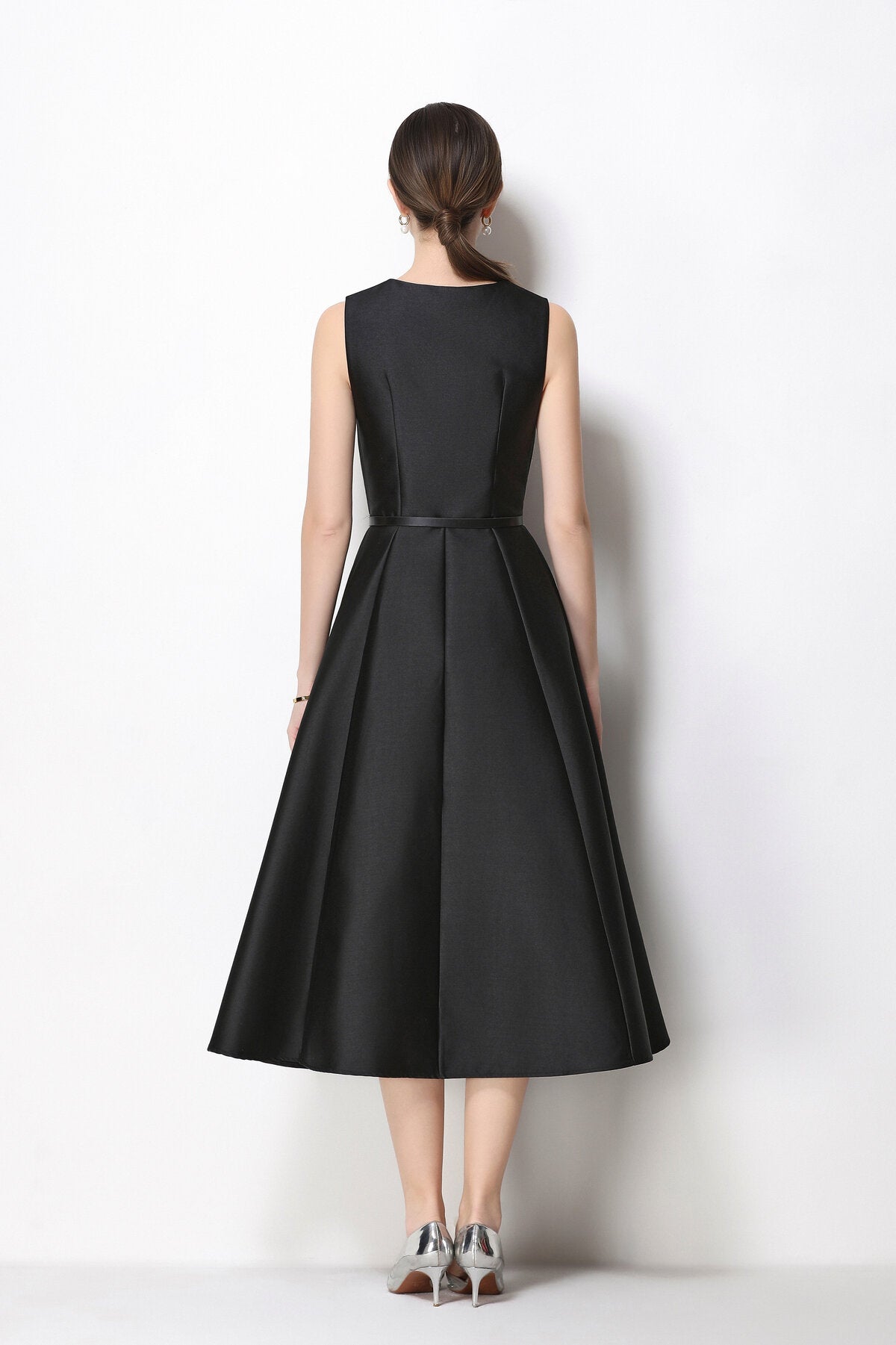 Satin V-Neck Button-Front Sleeveless Midi Dress with Belted Waist