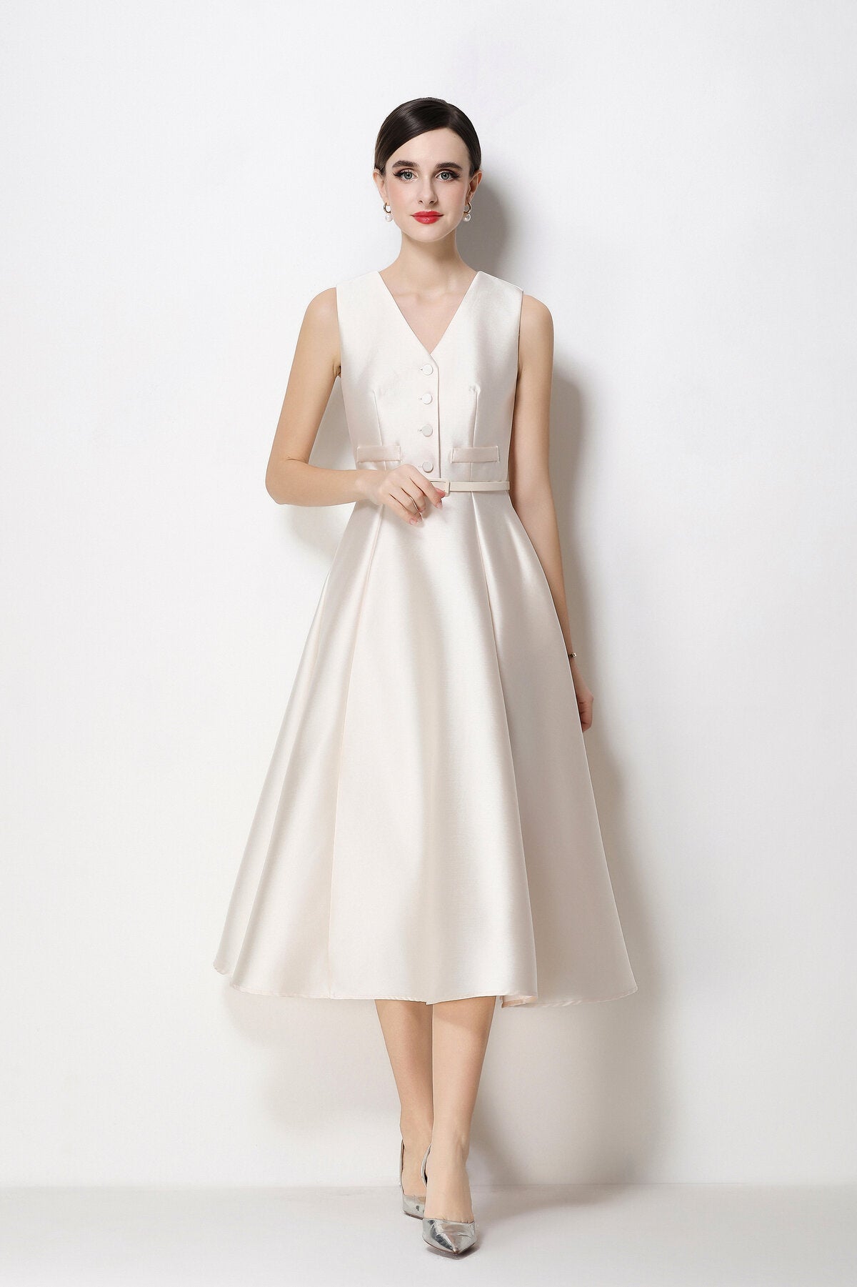 Satin V-Neck Button-Front Sleeveless Midi Dress with Belted Waist