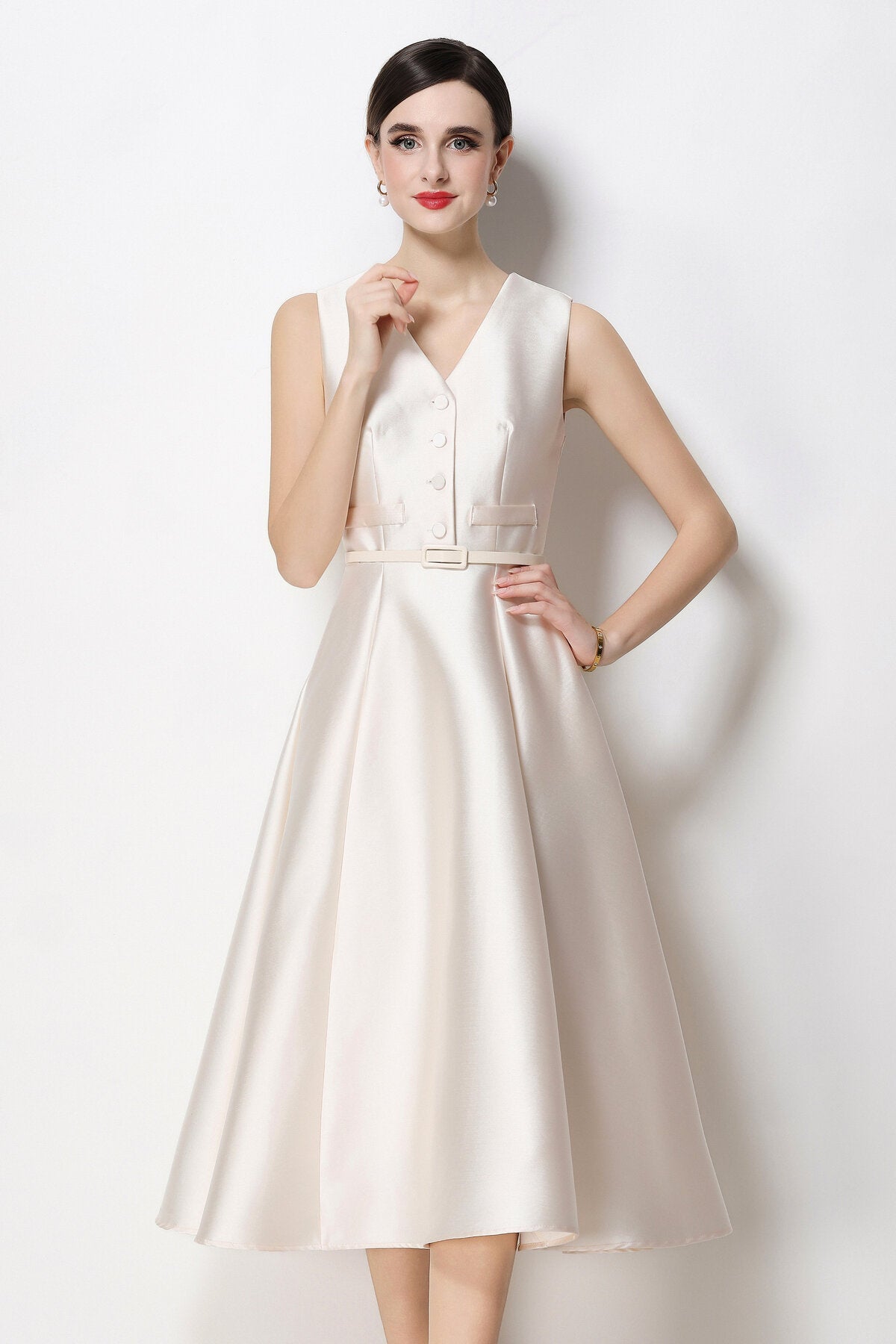 Satin V-Neck Button-Front Sleeveless Midi Dress with Belted Waist