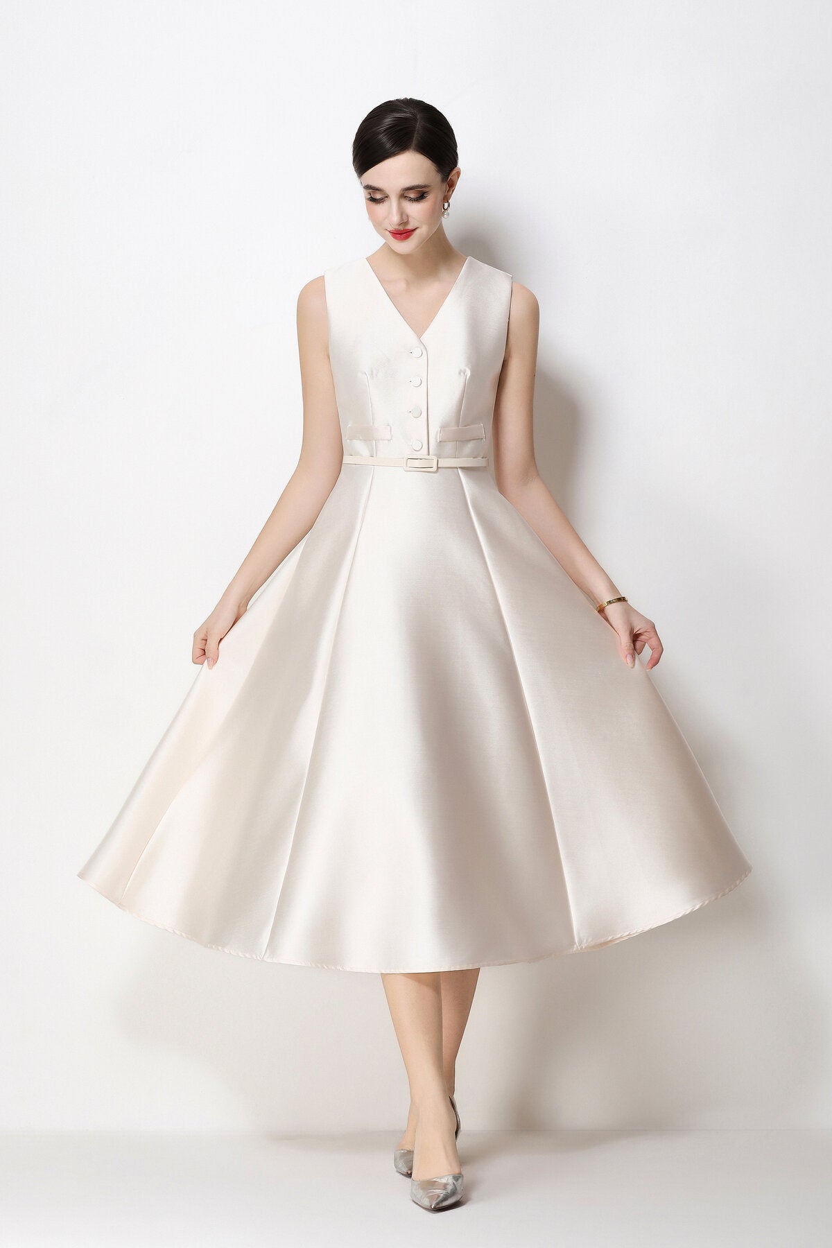 Satin V-Neck Button-Front Sleeveless Midi Dress with Belted Waist