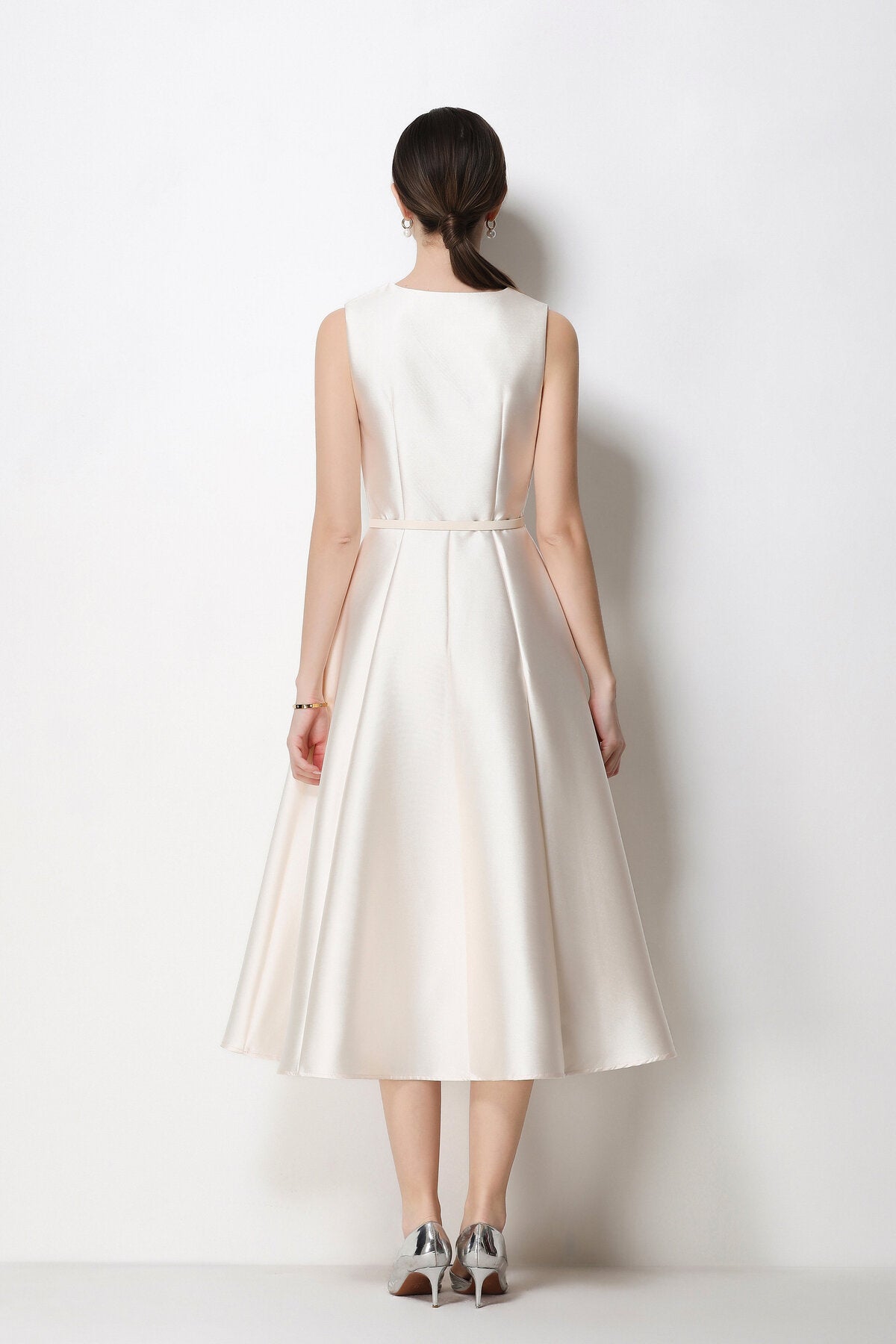 Satin V-Neck Button-Front Sleeveless Midi Dress with Belted Waist