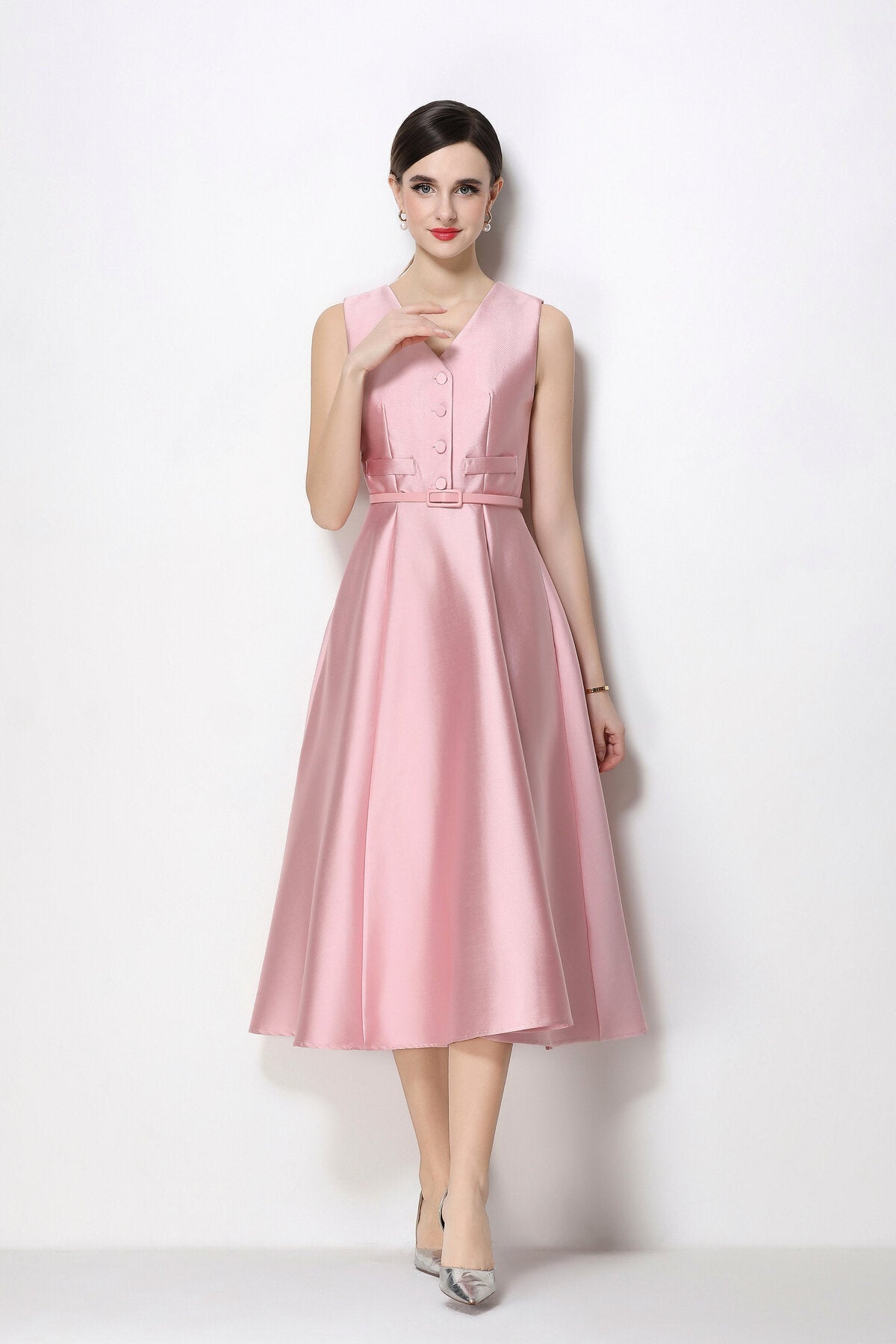 Satin V-Neck Button-Front Sleeveless Midi Dress with Belted Waist