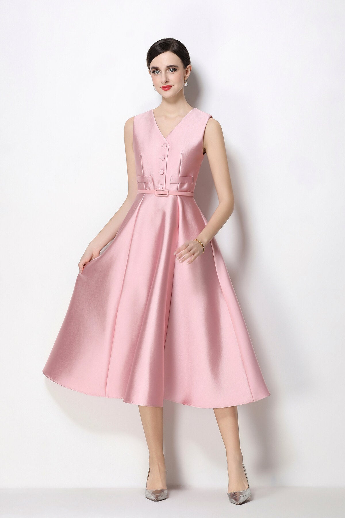 Satin V-Neck Button-Front Sleeveless Midi Dress with Belted Waist