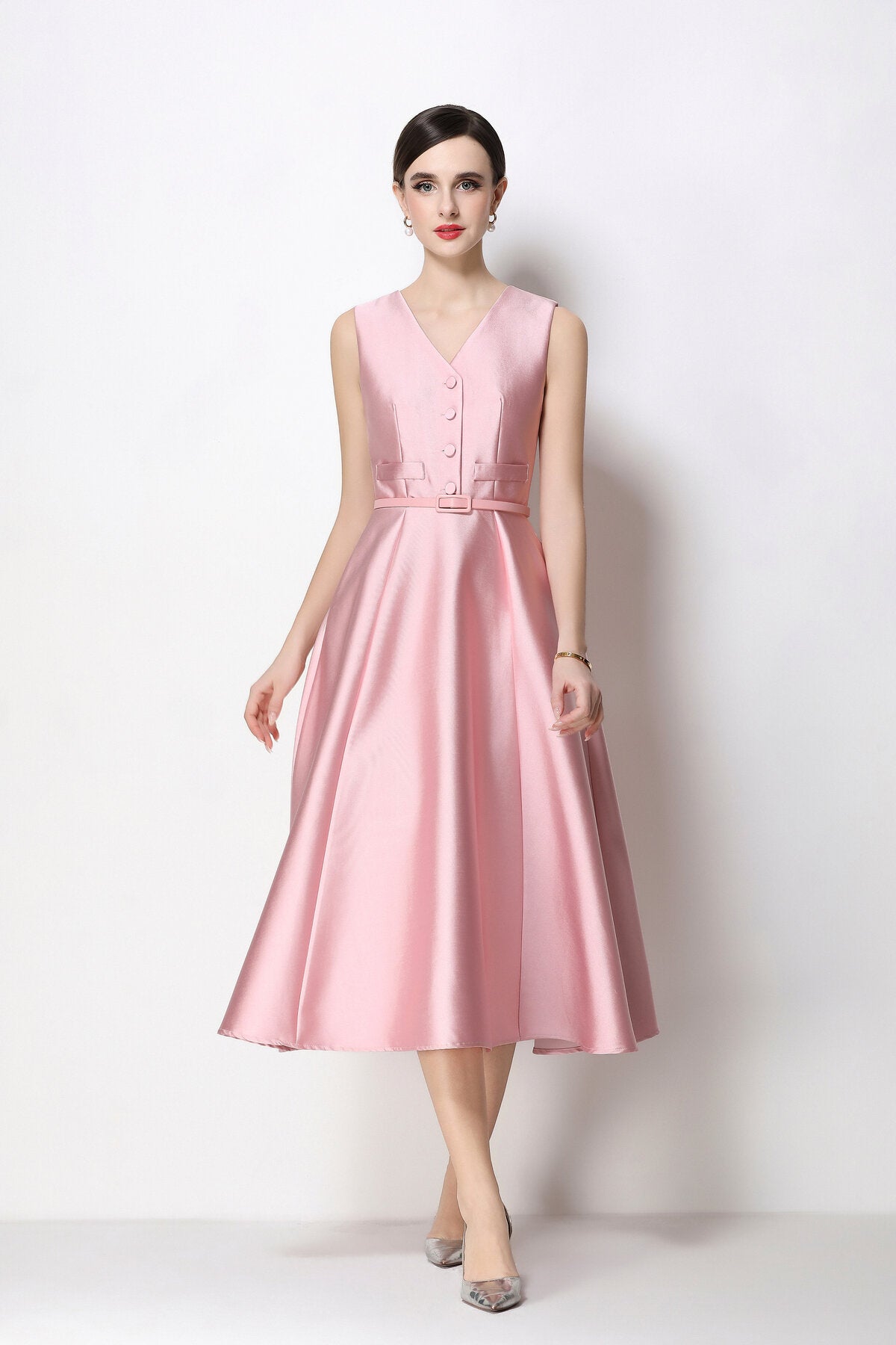 Satin V-Neck Button-Front Sleeveless Midi Dress with Belted Waist