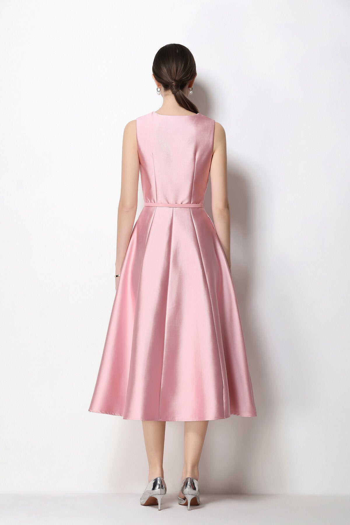 Satin V-Neck Button-Front Sleeveless Midi Dress with Belted Waist