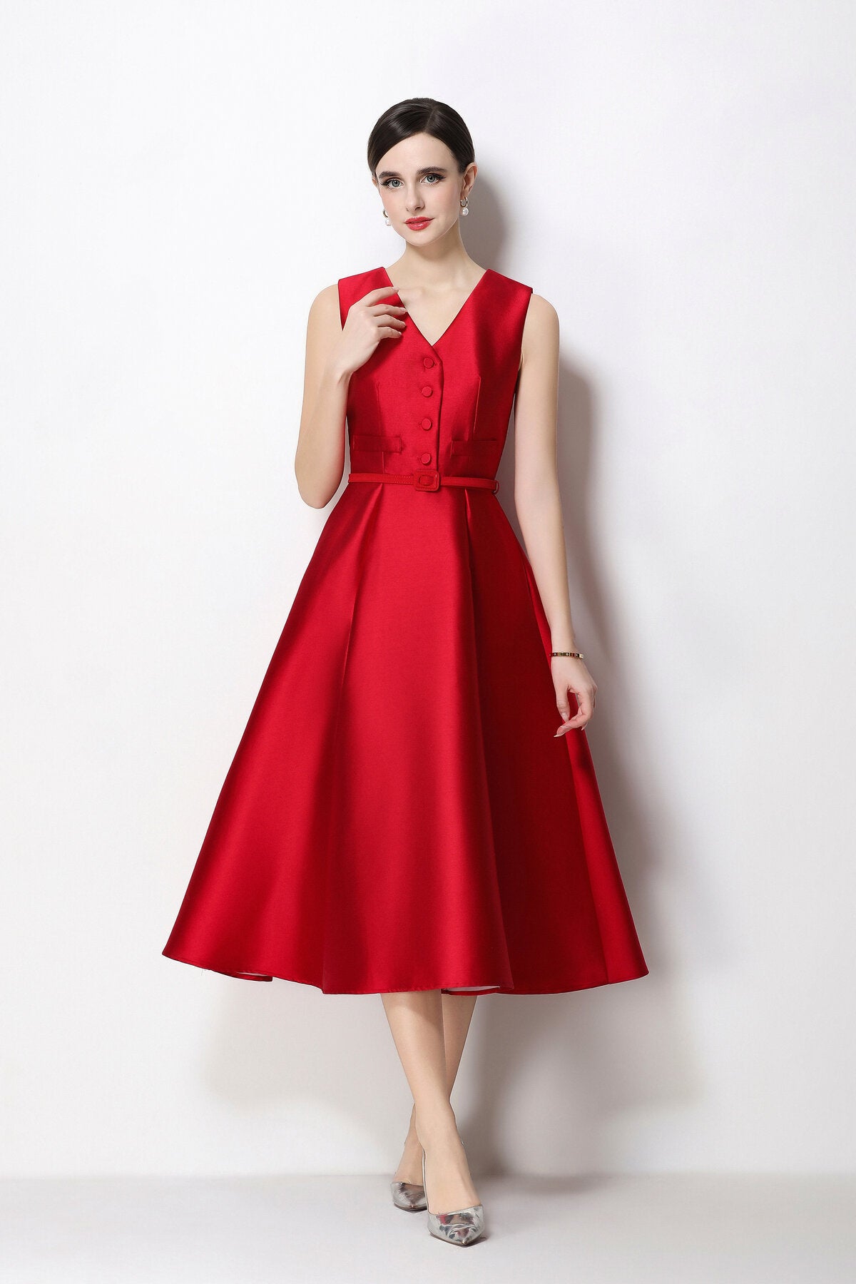 Satin V-Neck Button-Front Sleeveless Midi Dress with Belted Waist