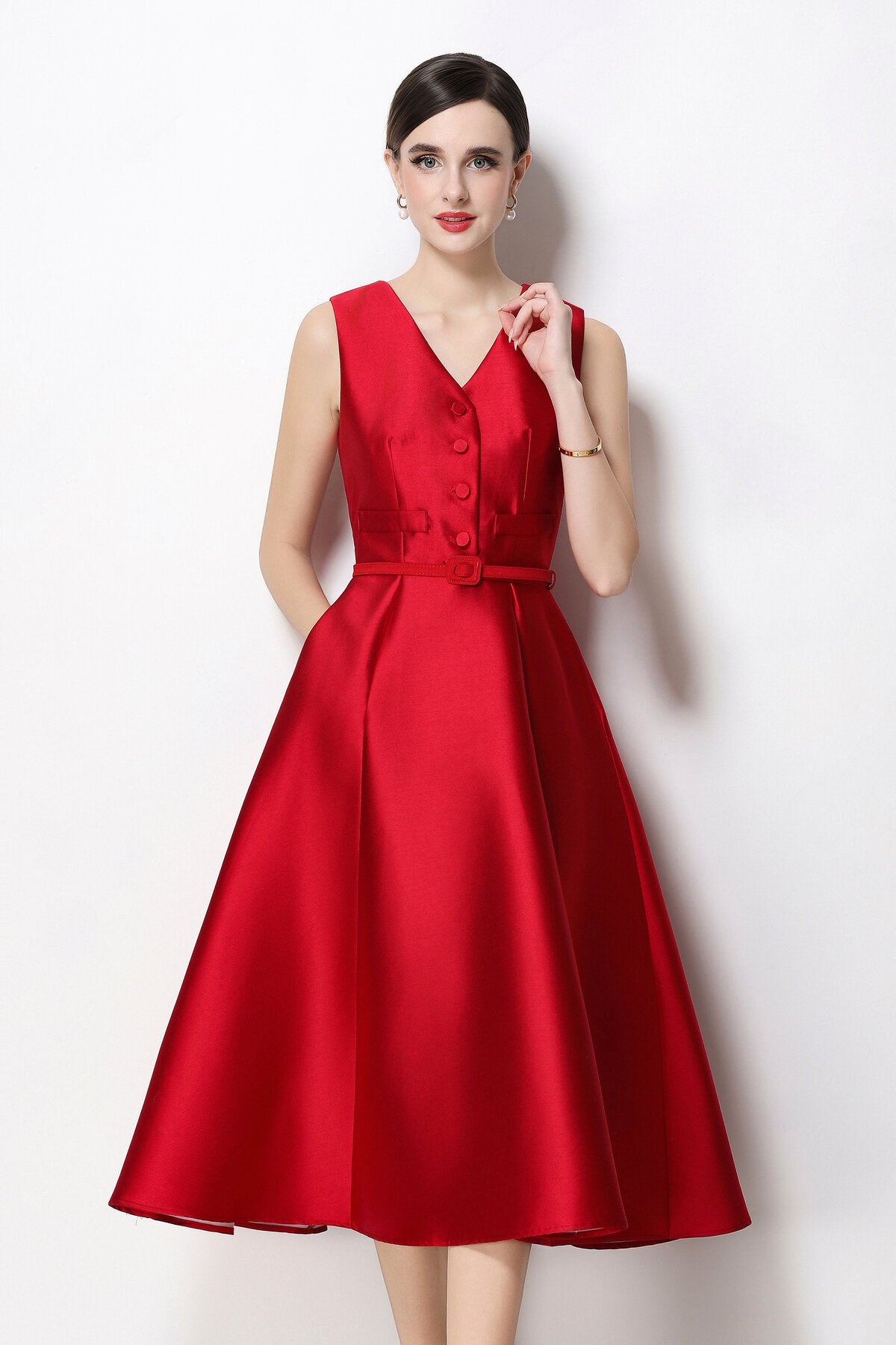 Satin V-Neck Button-Front Sleeveless Midi Dress with Belted Waist
