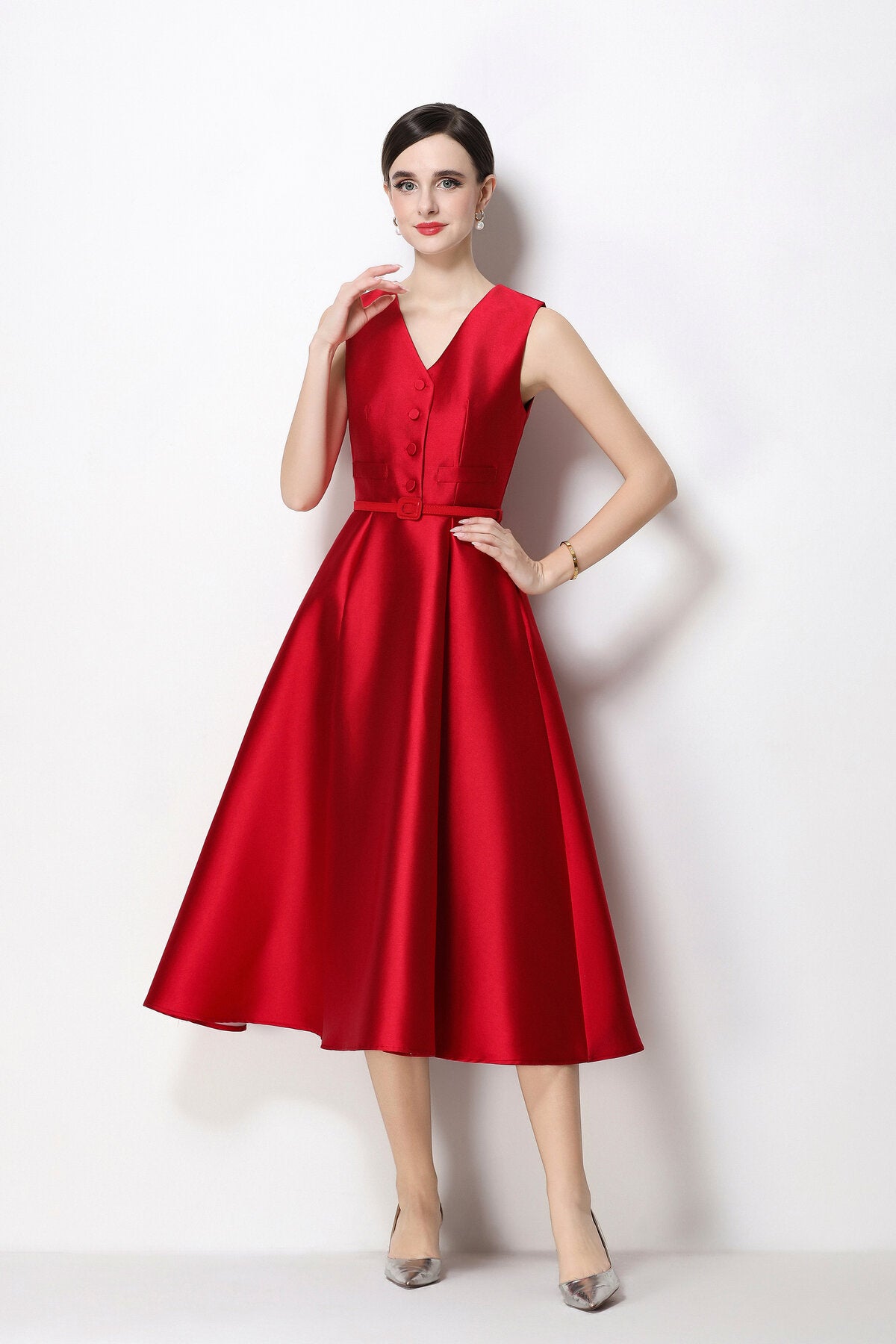 Satin V-Neck Button-Front Sleeveless Midi Dress with Belted Waist