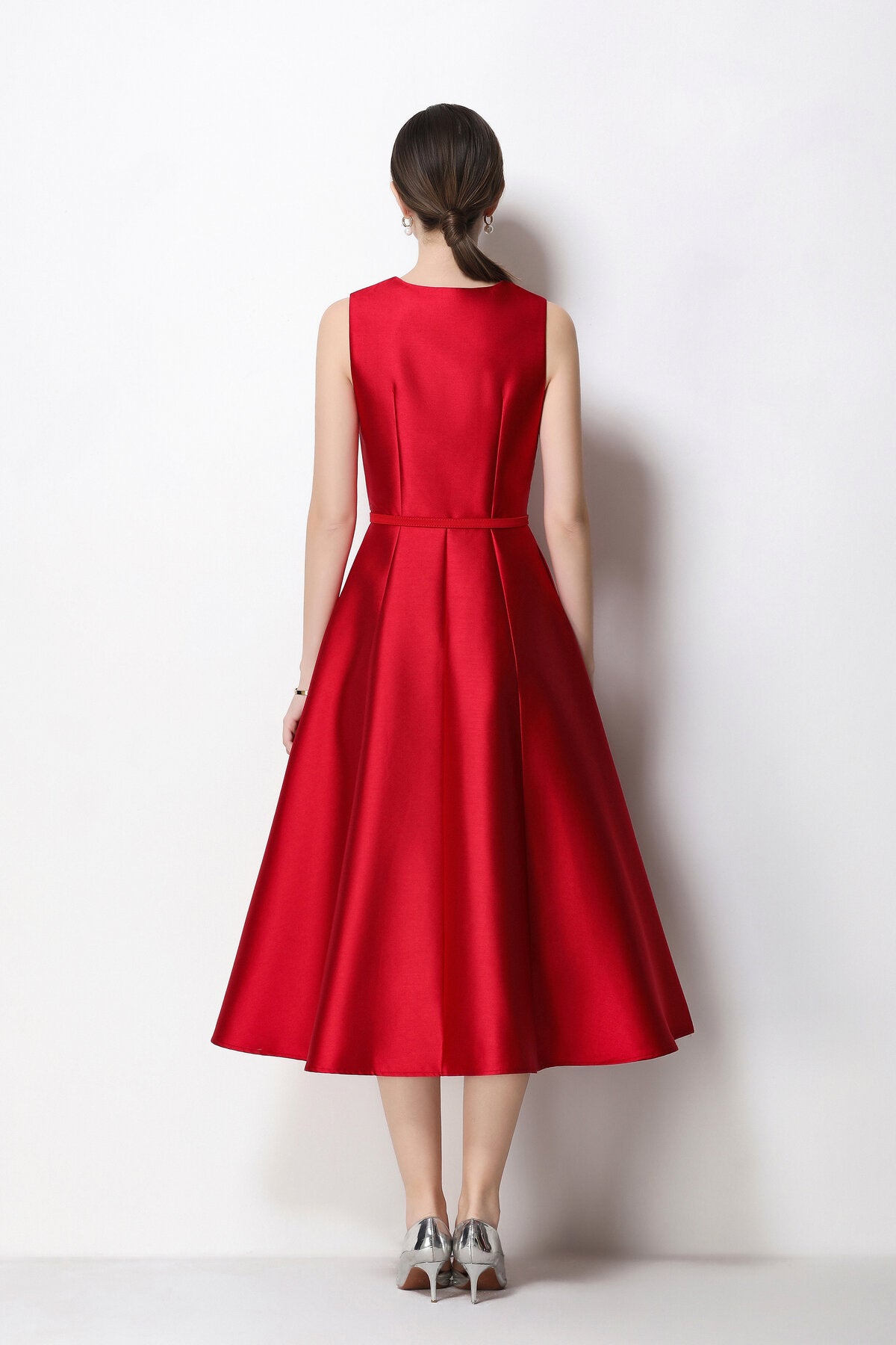 Satin V-Neck Button-Front Sleeveless Midi Dress with Belted Waist
