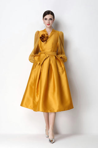 Structured Satin Wrap V-Neck Balloon-Sleeve Midi Dress