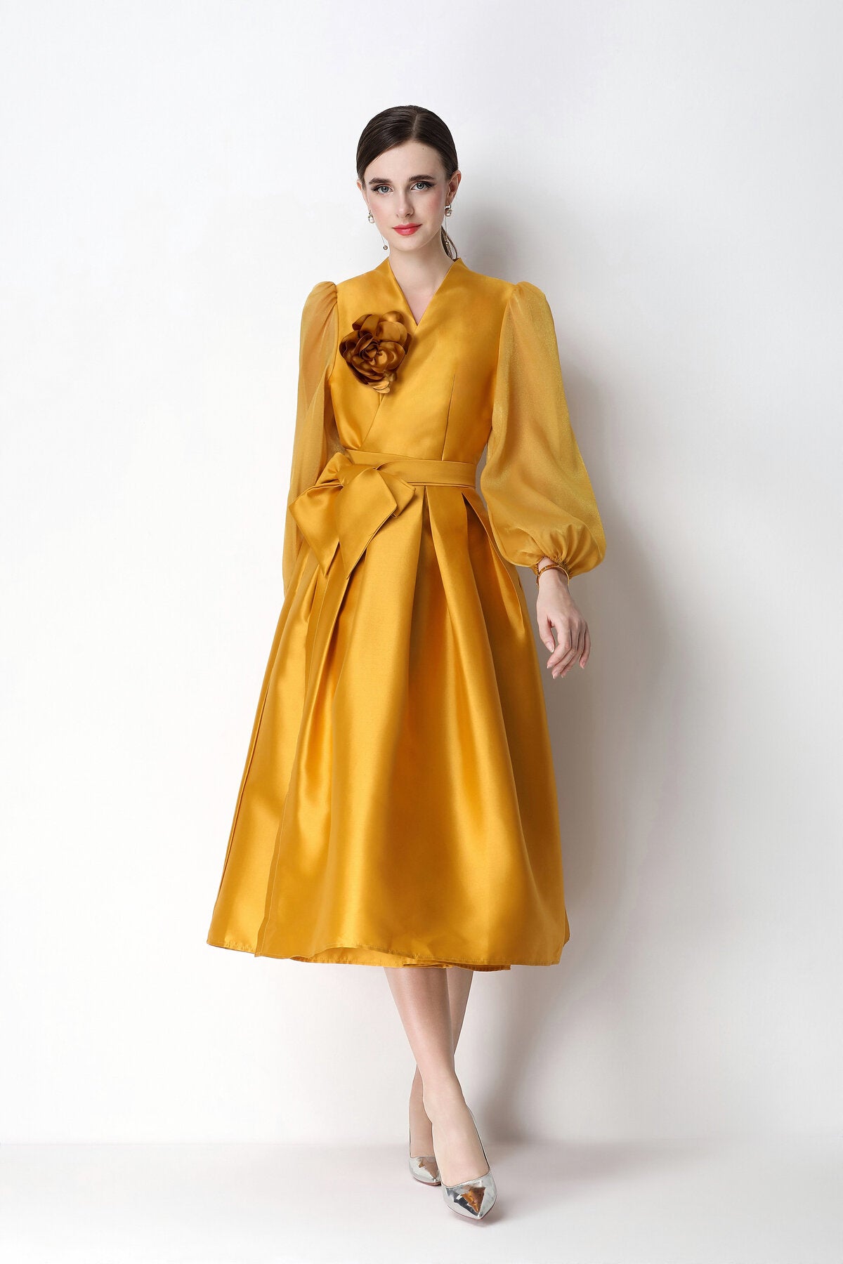 Structured Satin Wrap V-Neck Balloon-Sleeve Midi Dress
