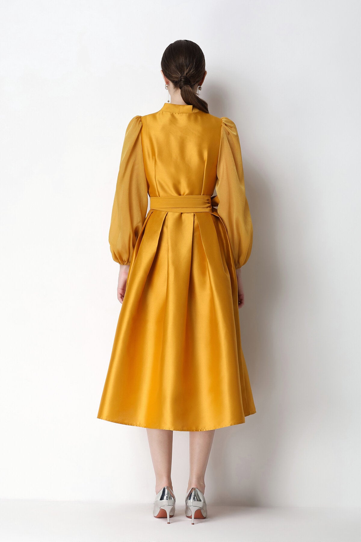 Structured Satin Wrap V-Neck Balloon-Sleeve Midi Dress