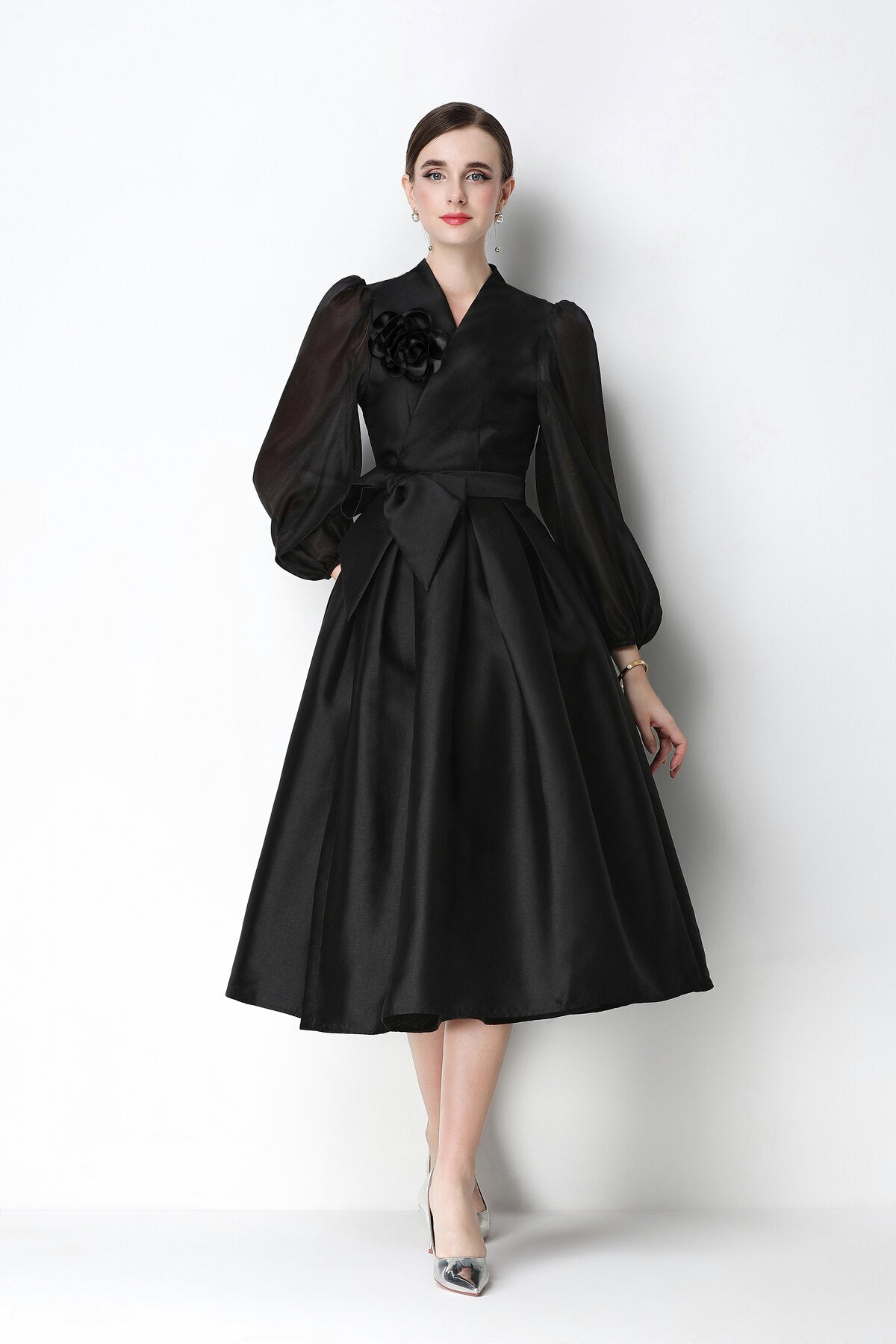 Structured Satin Wrap V-Neck Balloon-Sleeve Midi Dress