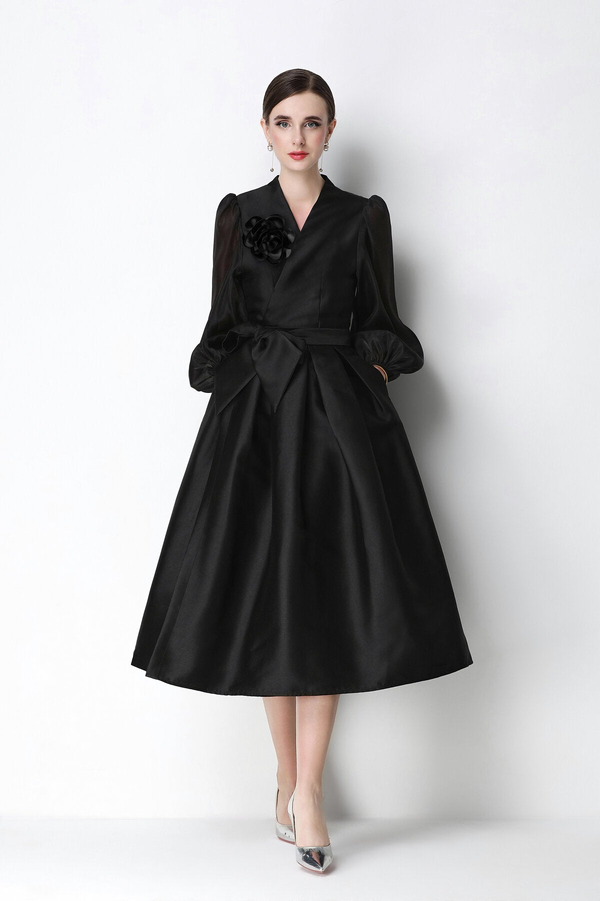 Structured Satin Wrap V-Neck Balloon-Sleeve Midi Dress