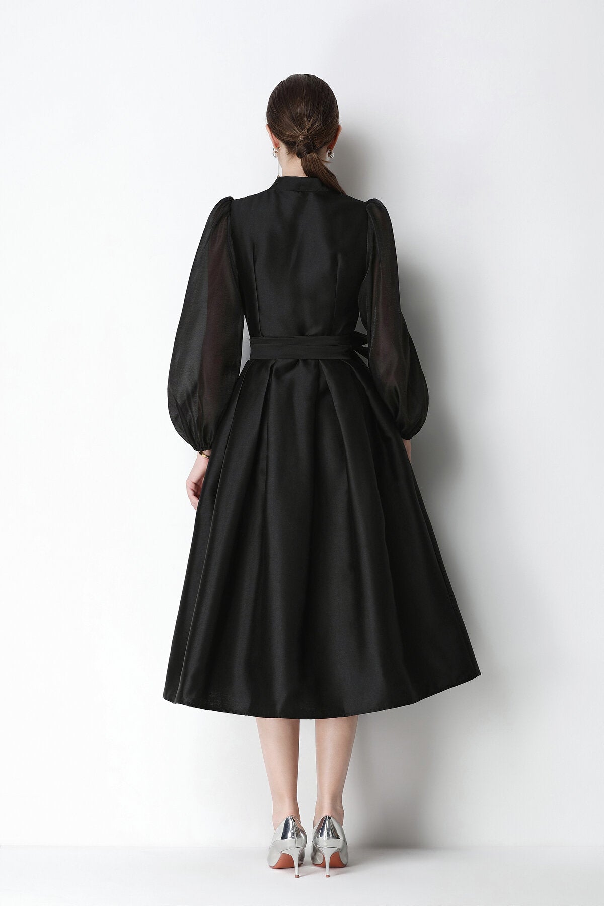 Structured Satin Wrap V-Neck Balloon-Sleeve Midi Dress