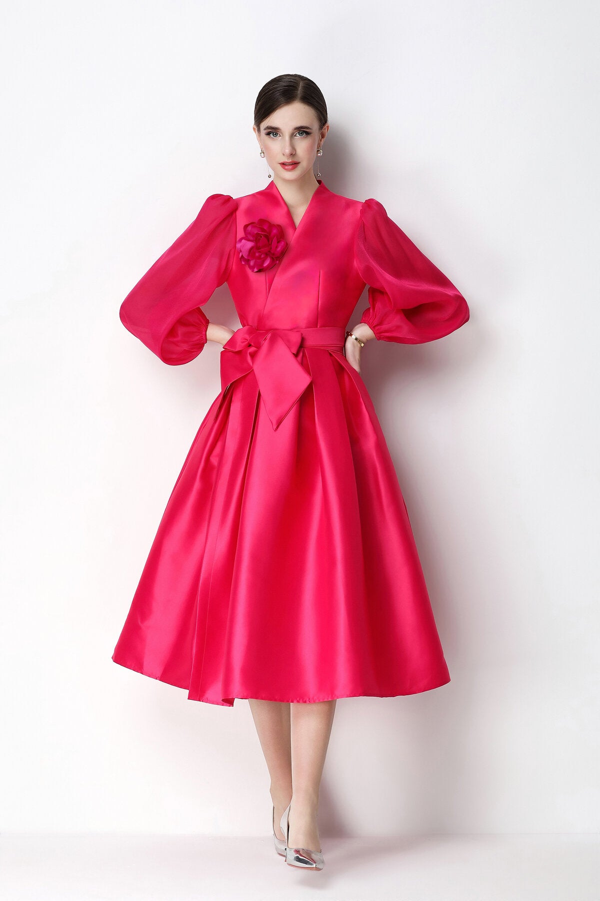 Structured Satin Wrap V-Neck Balloon-Sleeve Midi Dress