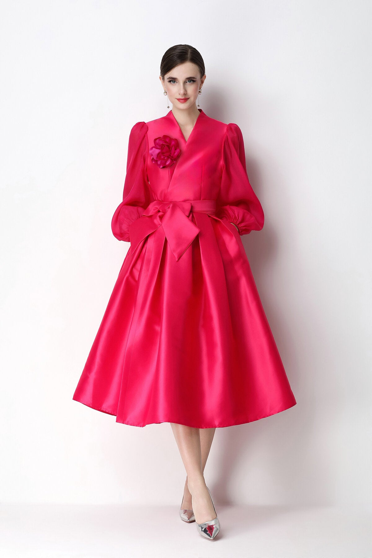 Structured Satin Wrap V-Neck Balloon-Sleeve Midi Dress
