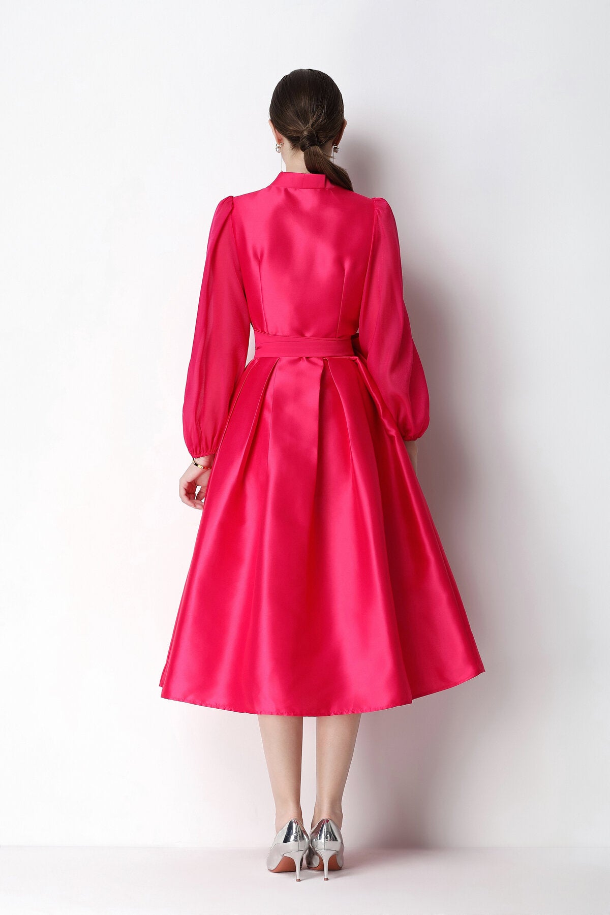 Structured Satin Wrap V-Neck Balloon-Sleeve Midi Dress