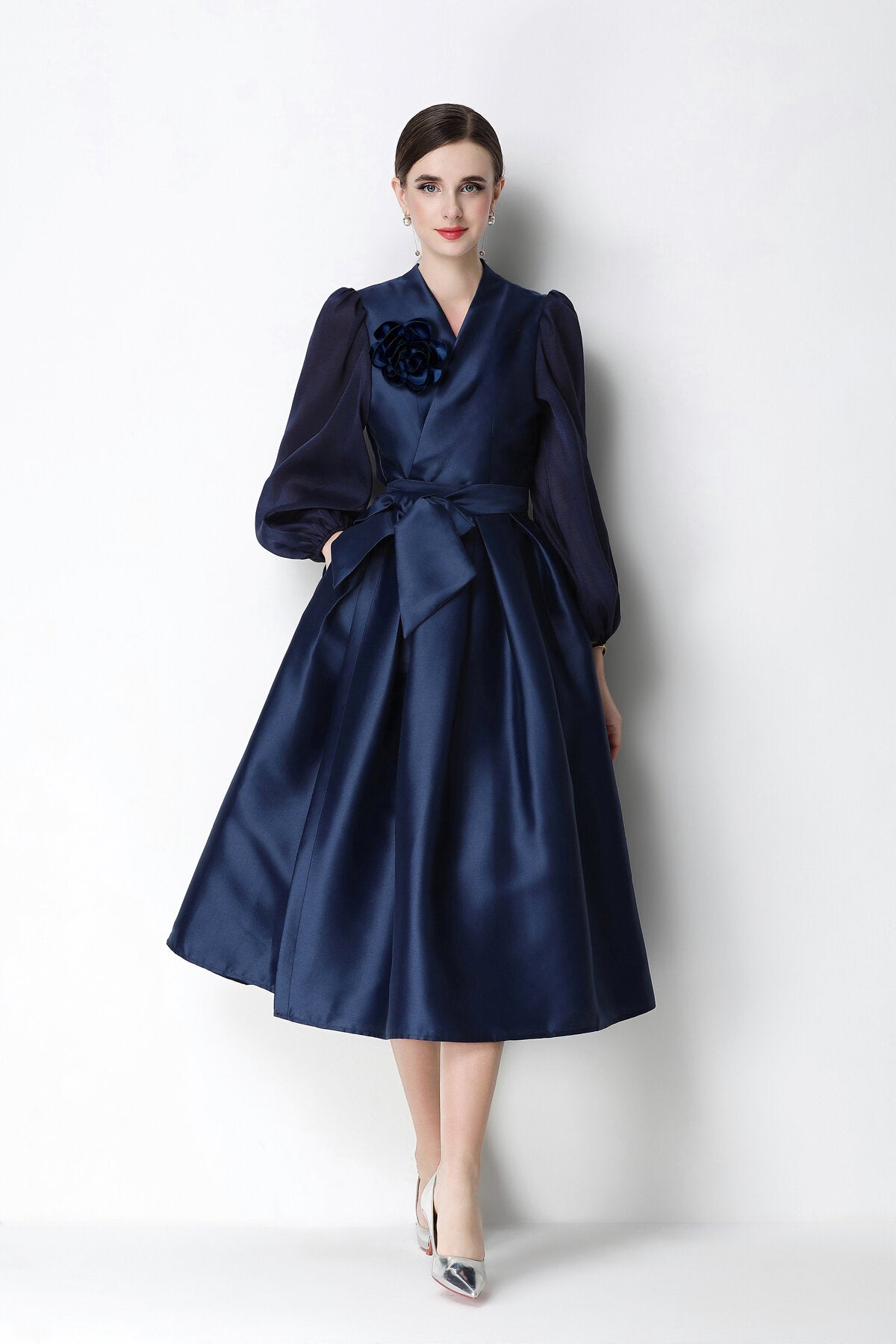 Structured Satin Wrap V-Neck Balloon-Sleeve Midi Dress
