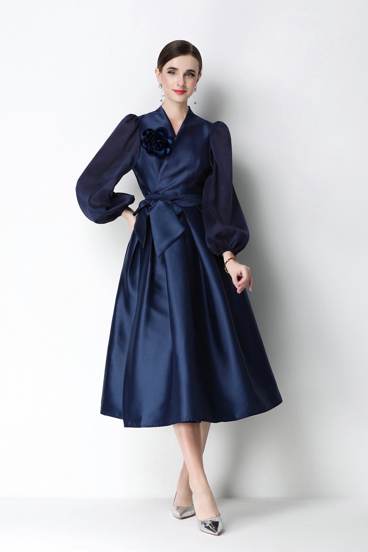 Structured Satin Wrap V-Neck Balloon-Sleeve Midi Dress