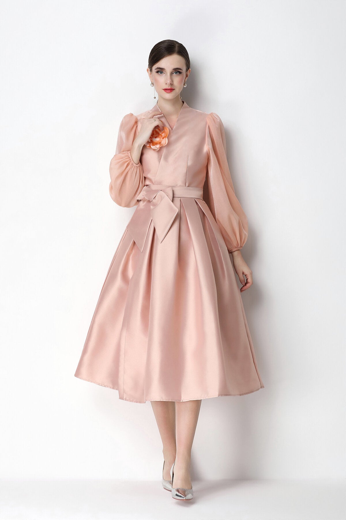 Structured Satin Wrap V-Neck Balloon-Sleeve Midi Dress