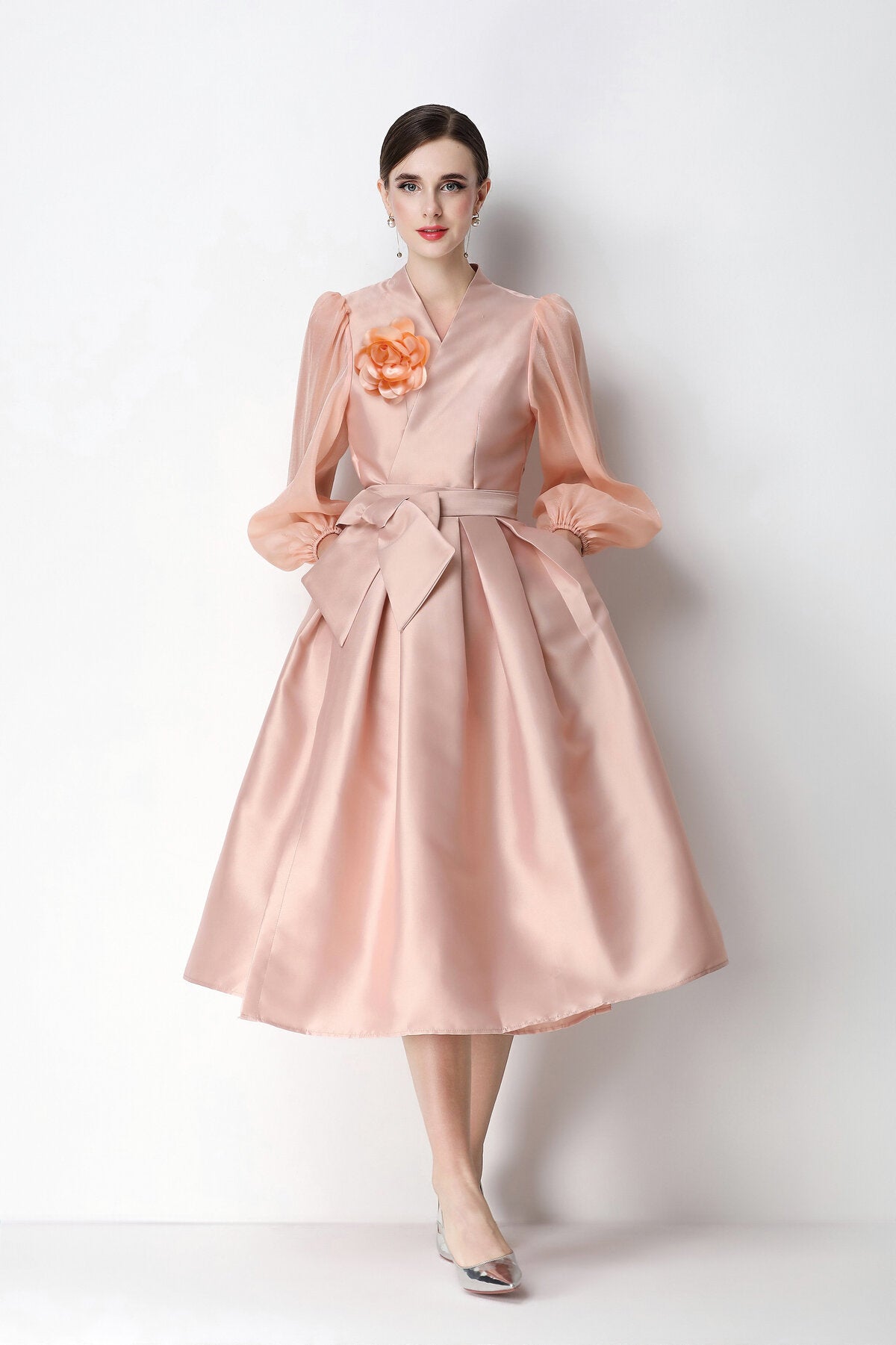 Structured Satin Wrap V-Neck Balloon-Sleeve Midi Dress