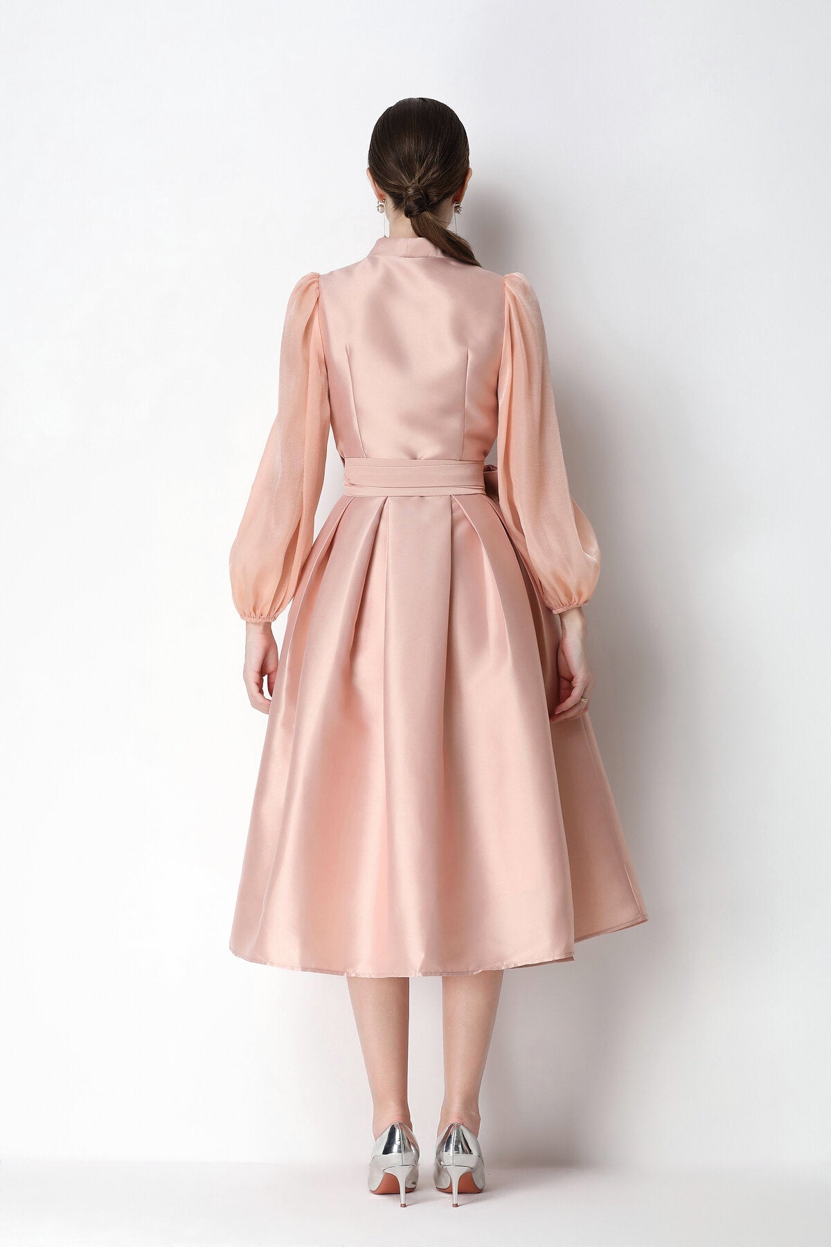 Structured Satin Wrap V-Neck Balloon-Sleeve Midi Dress