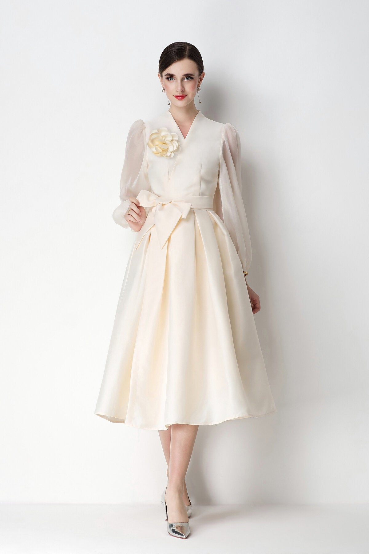 Structured Satin Wrap V-Neck Balloon-Sleeve Midi Dress