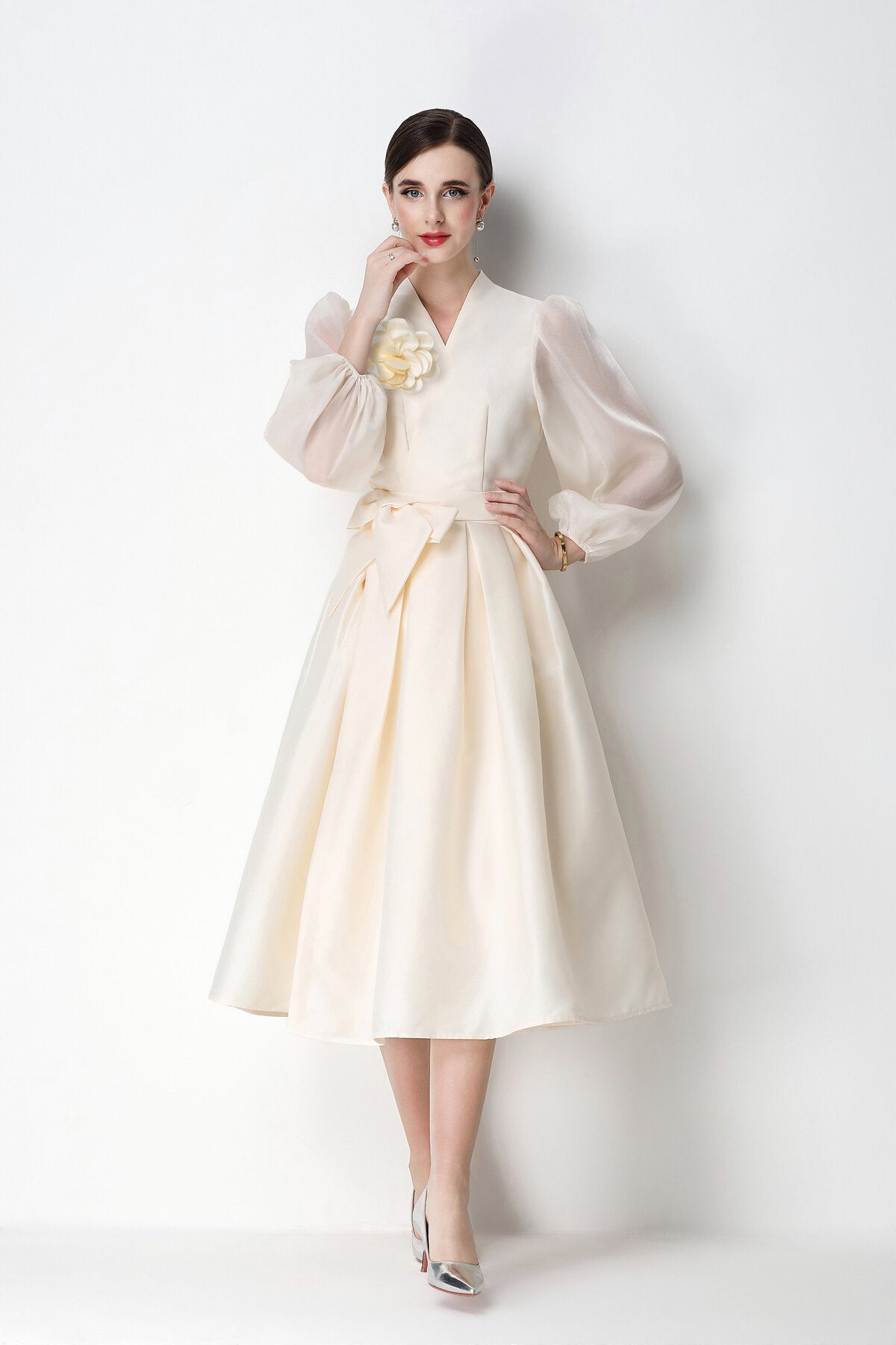Structured Satin Wrap V-Neck Balloon-Sleeve Midi Dress