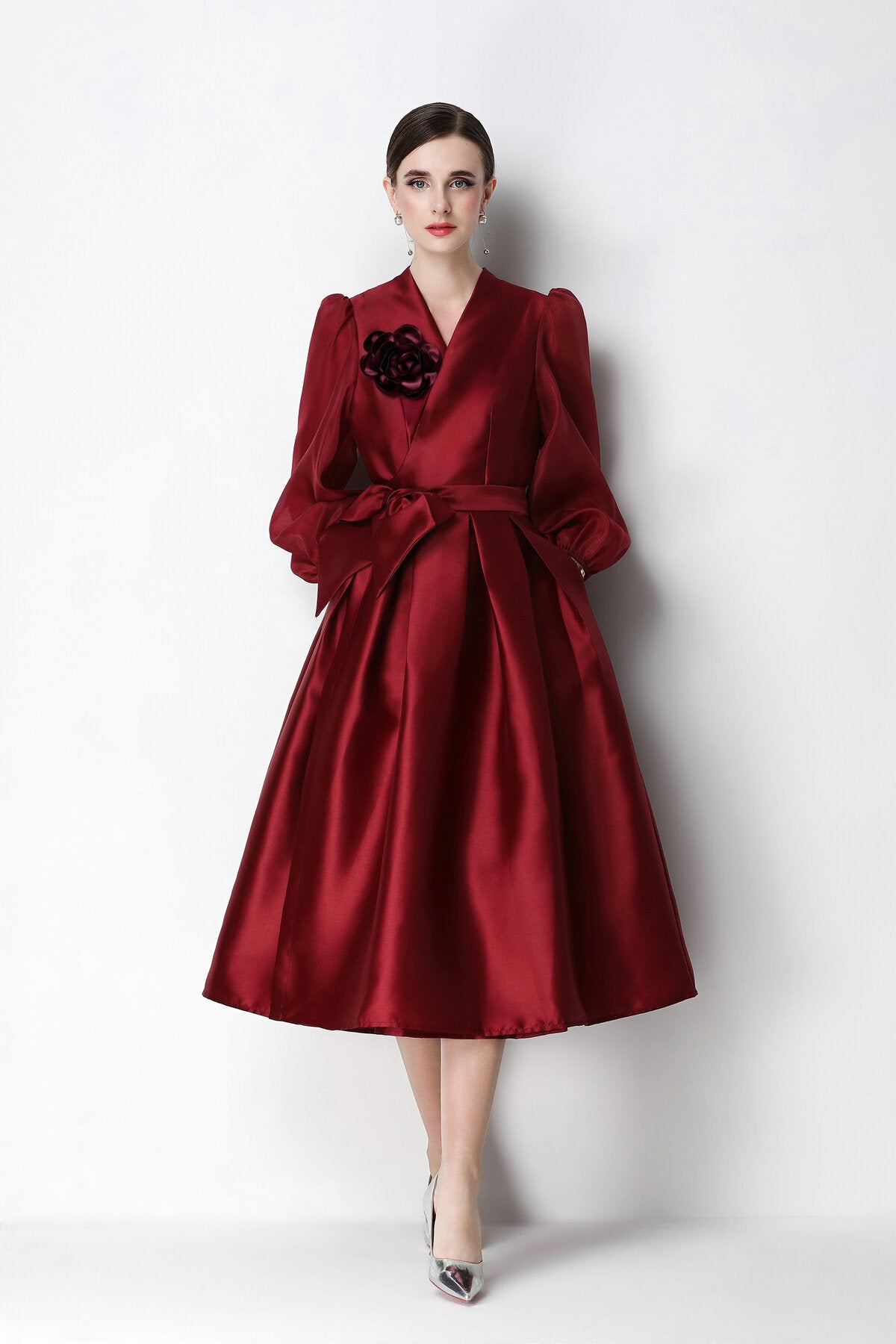 Structured Satin Wrap V-Neck Balloon-Sleeve Midi Dress