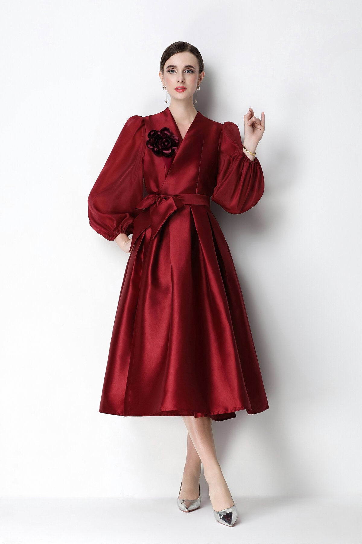 Structured Satin Wrap V-Neck Balloon-Sleeve Midi Dress
