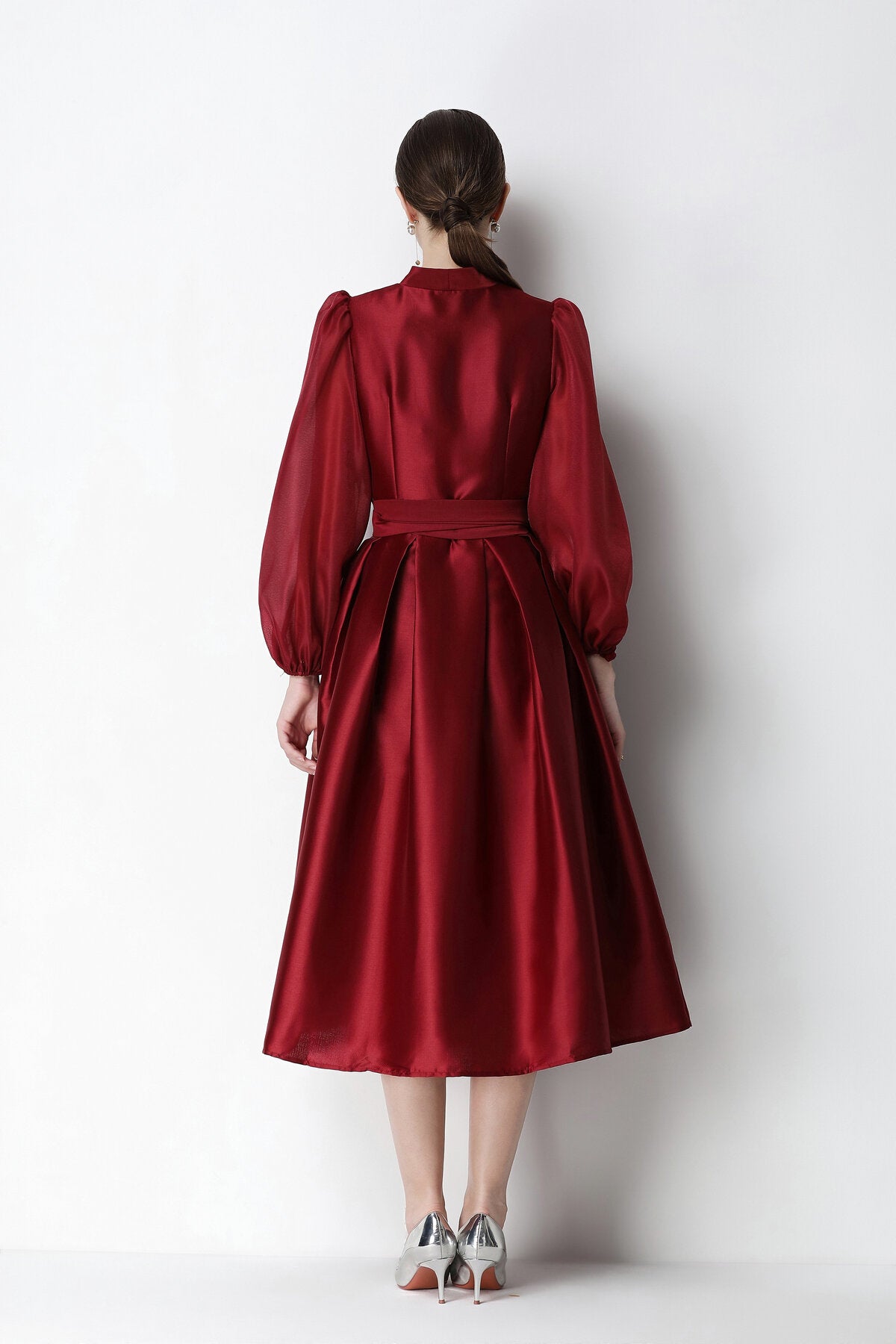 Structured Satin Wrap V-Neck Balloon-Sleeve Midi Dress