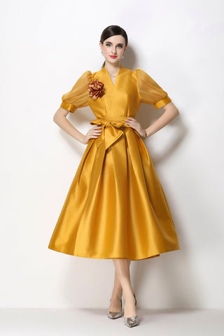 Structured Satin Wrap V-Neck Puff-Sleeve Midi Dress