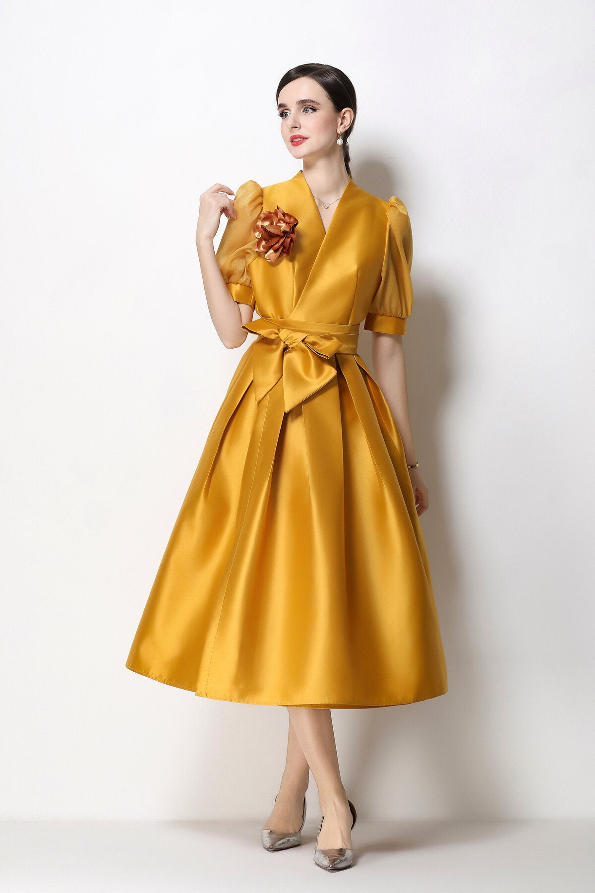 Structured Satin Wrap V-Neck Puff-Sleeve Midi Dress