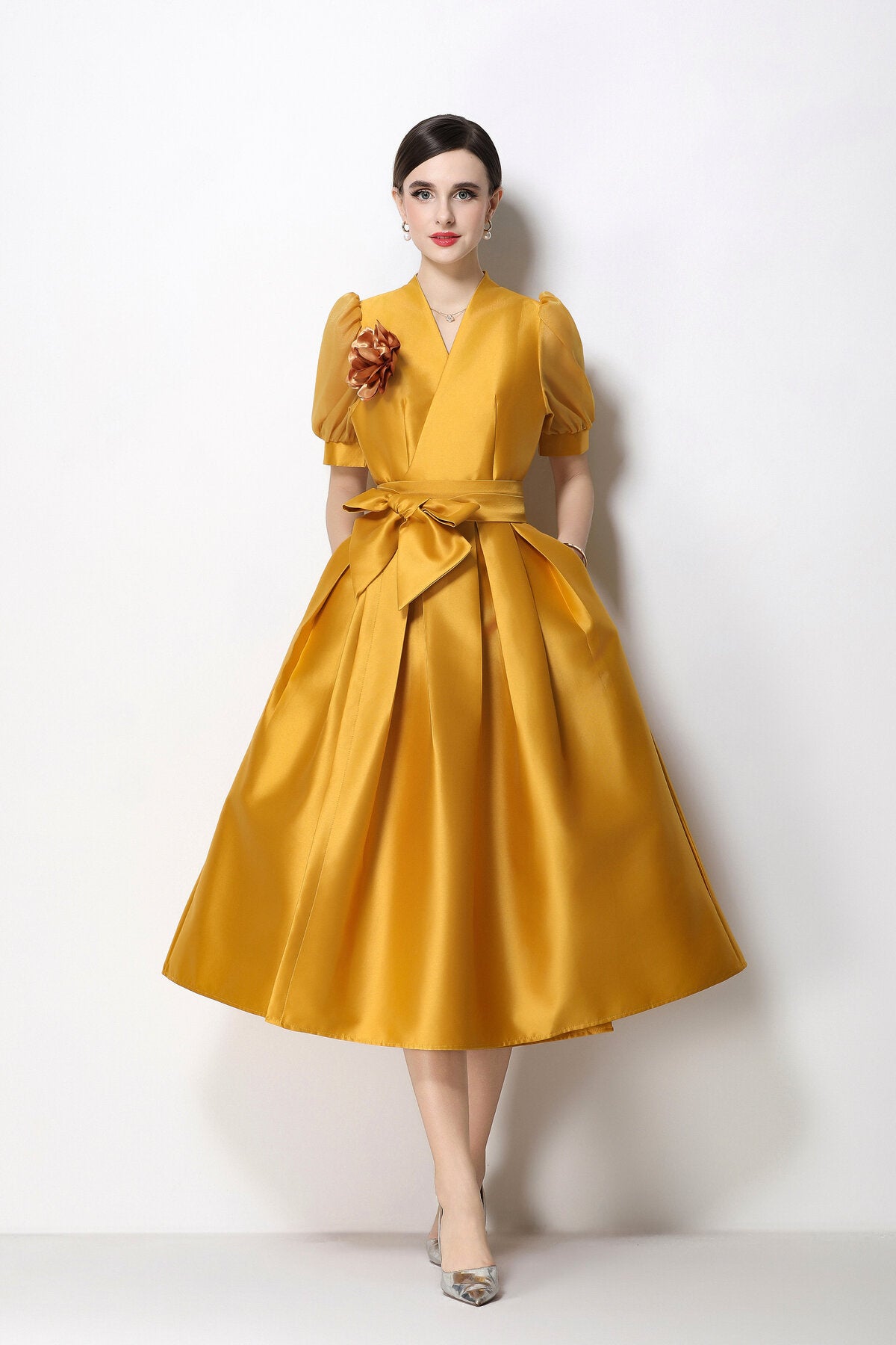 Structured Satin Wrap V-Neck Puff-Sleeve Midi Dress