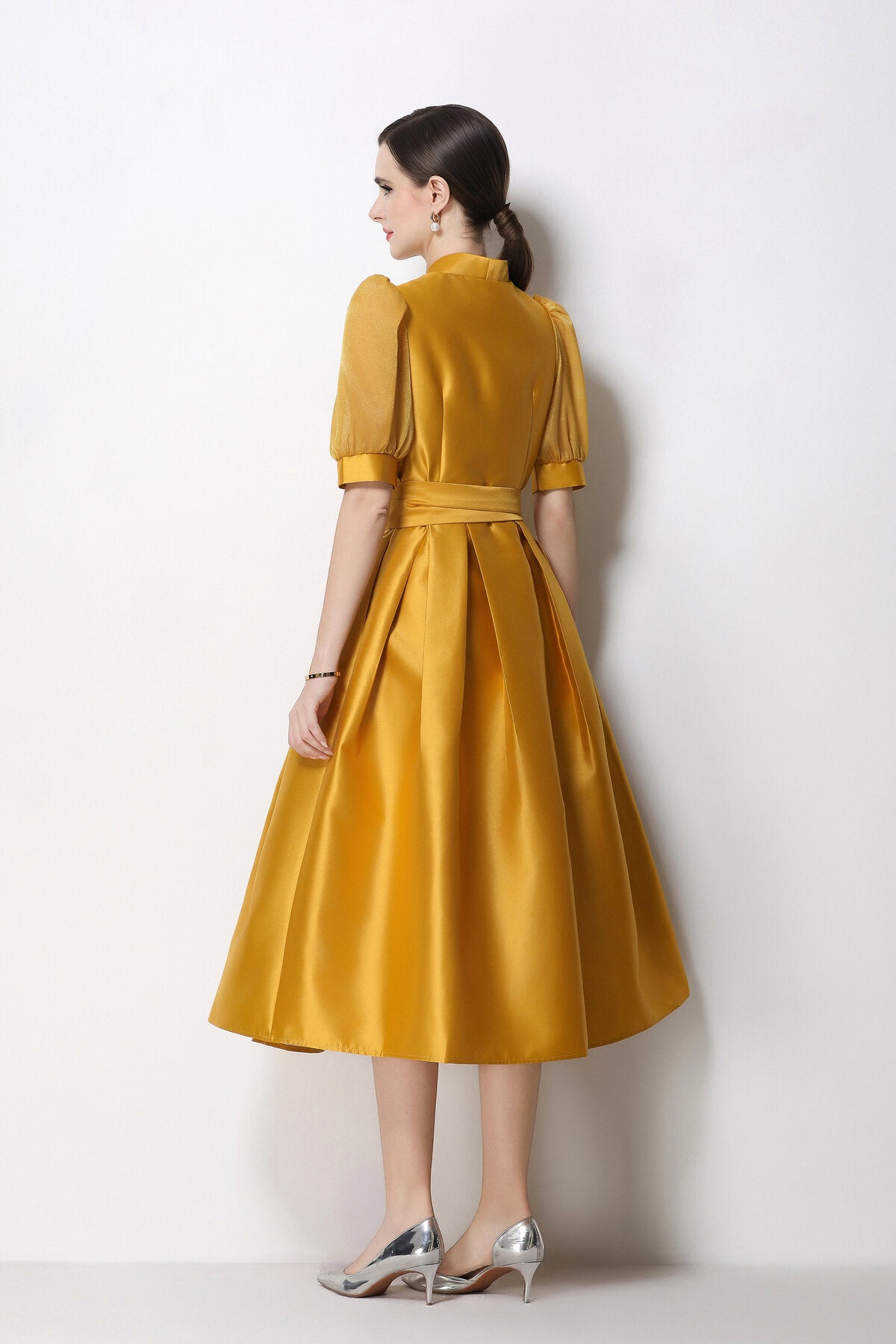 Structured Satin Wrap V-Neck Puff-Sleeve Midi Dress