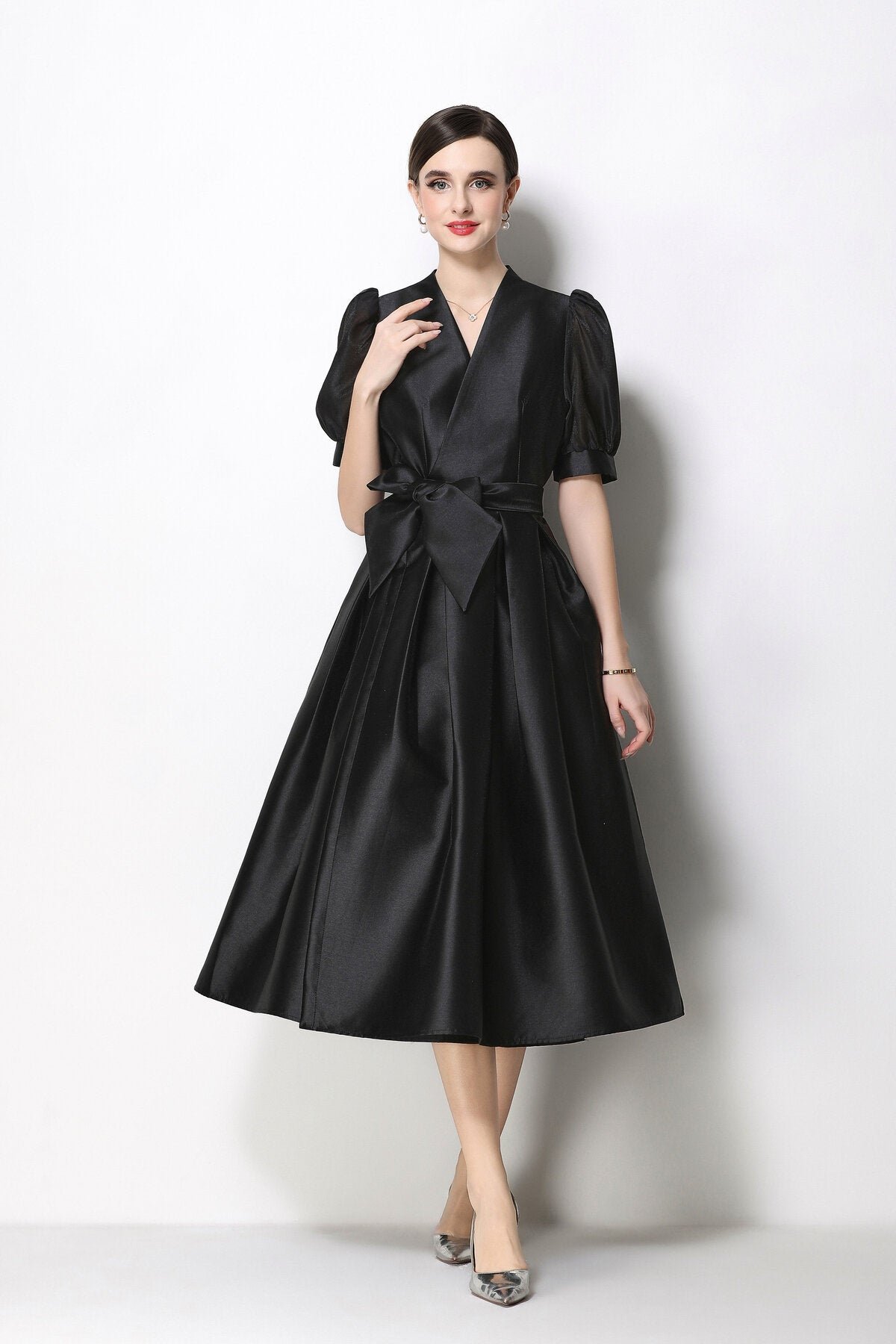 Structured Satin Wrap V-Neck Puff-Sleeve Midi Dress