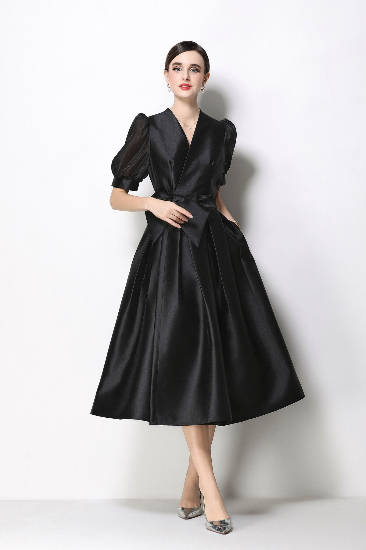 Structured Satin Wrap V-Neck Puff-Sleeve Midi Dress