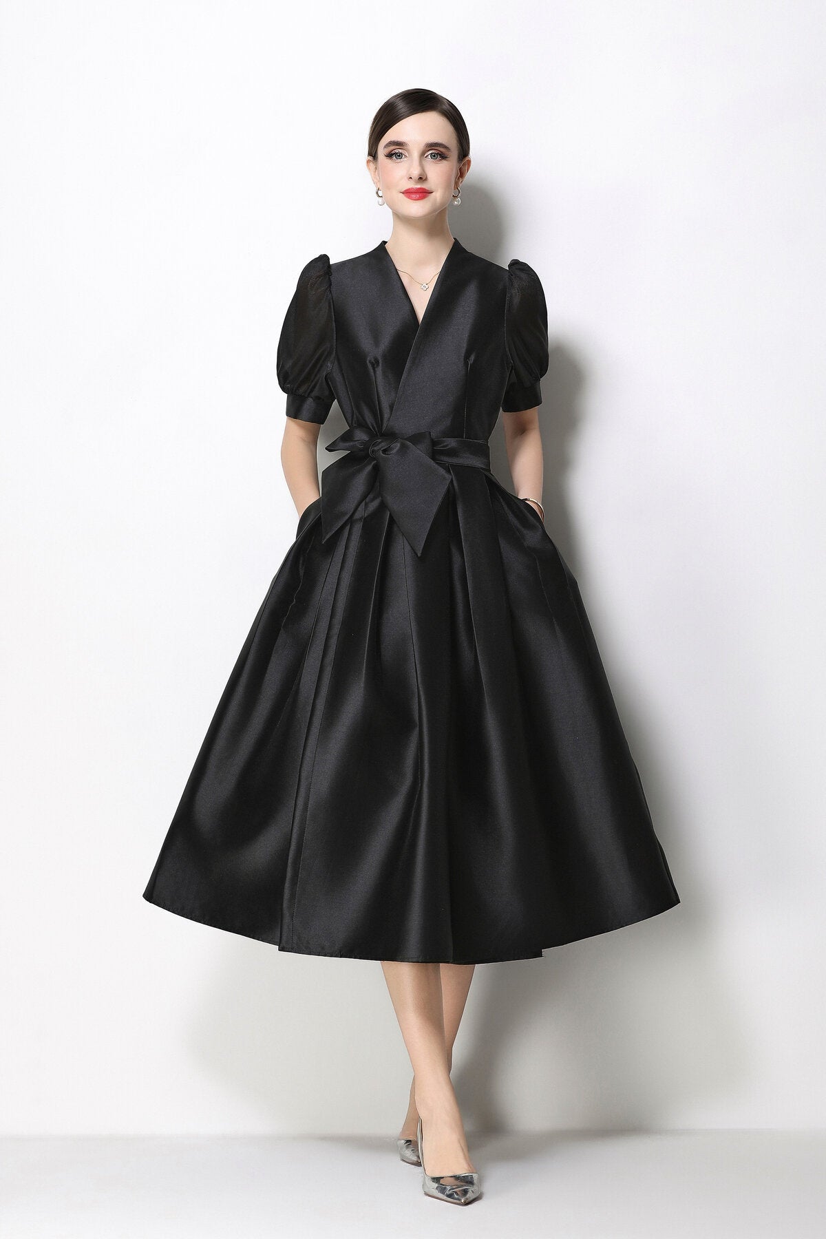 Structured Satin Wrap V-Neck Puff-Sleeve Midi Dress