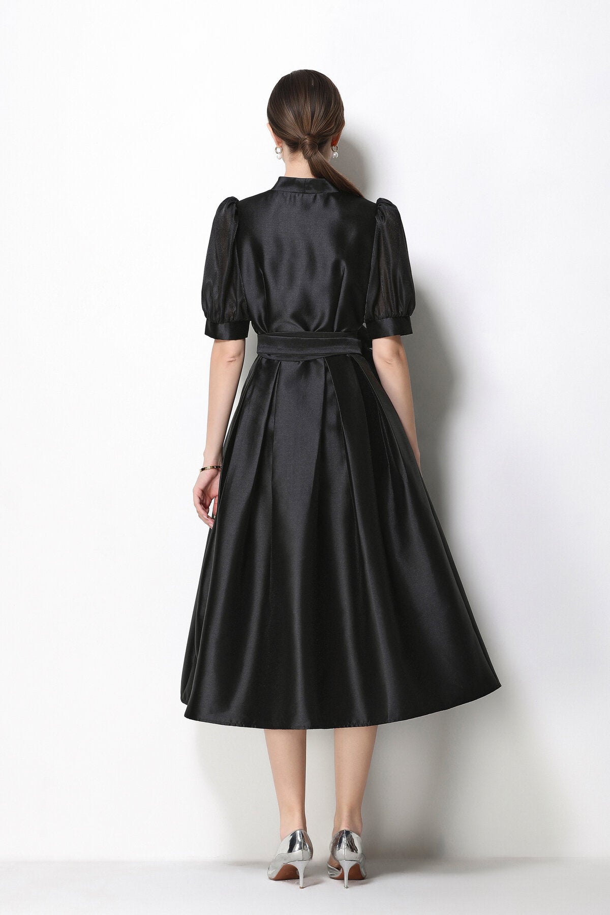 Structured Satin Wrap V-Neck Puff-Sleeve Midi Dress