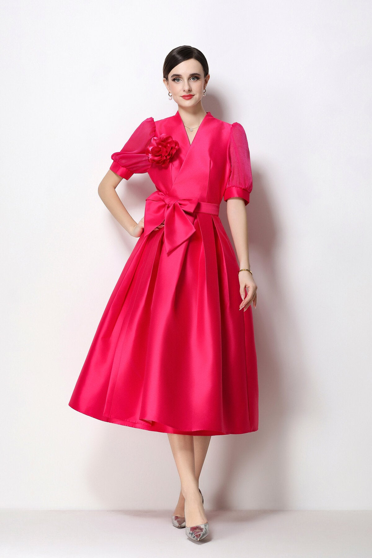 Structured Satin Wrap V-Neck Puff-Sleeve Midi Dress