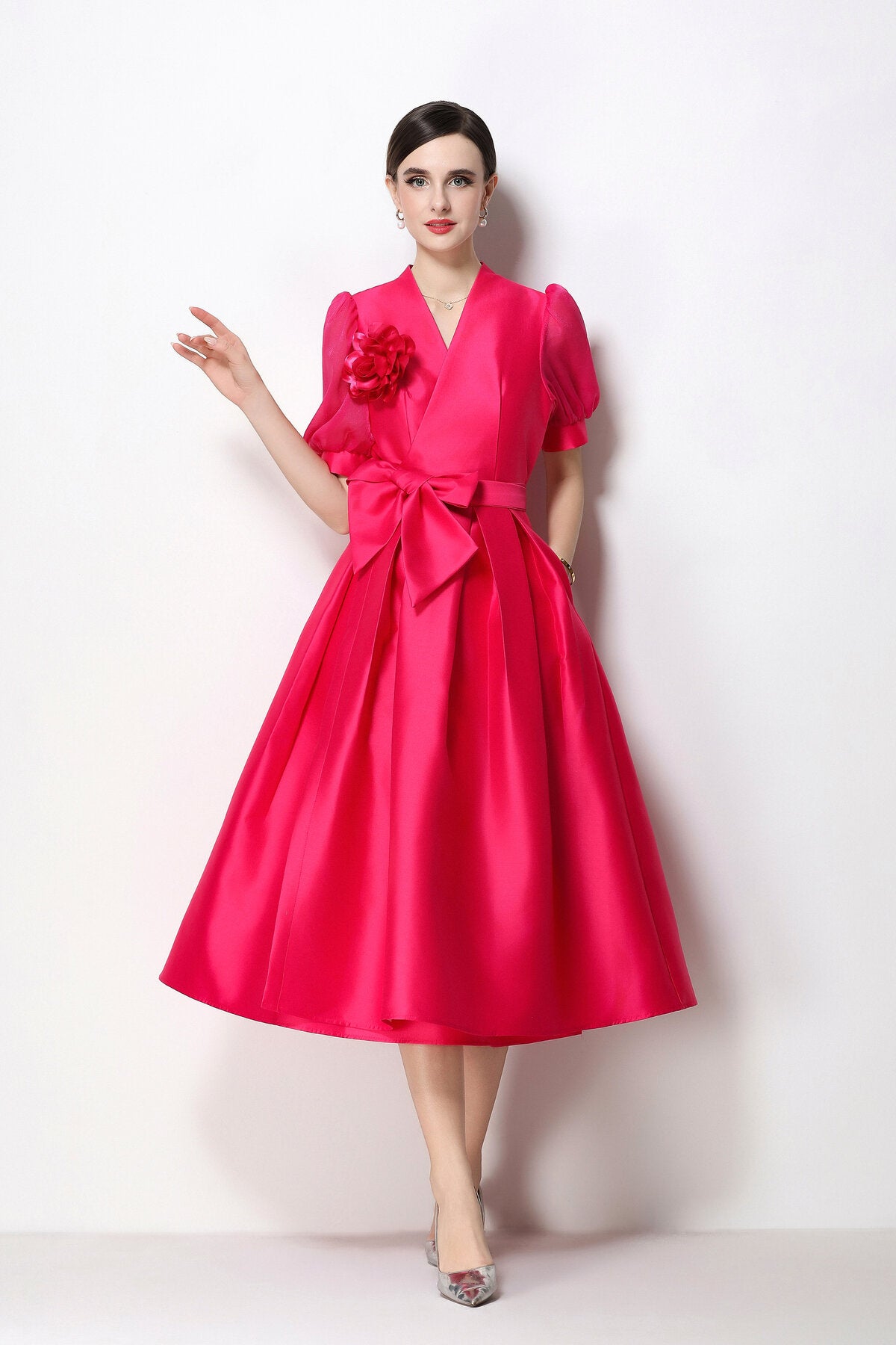 Structured Satin Wrap V-Neck Puff-Sleeve Midi Dress