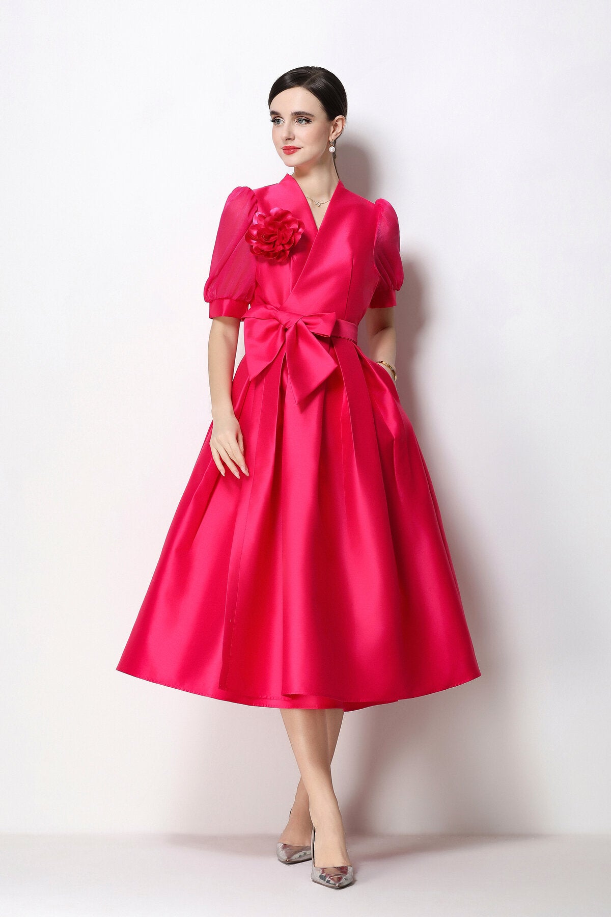 Structured Satin Wrap V-Neck Puff-Sleeve Midi Dress
