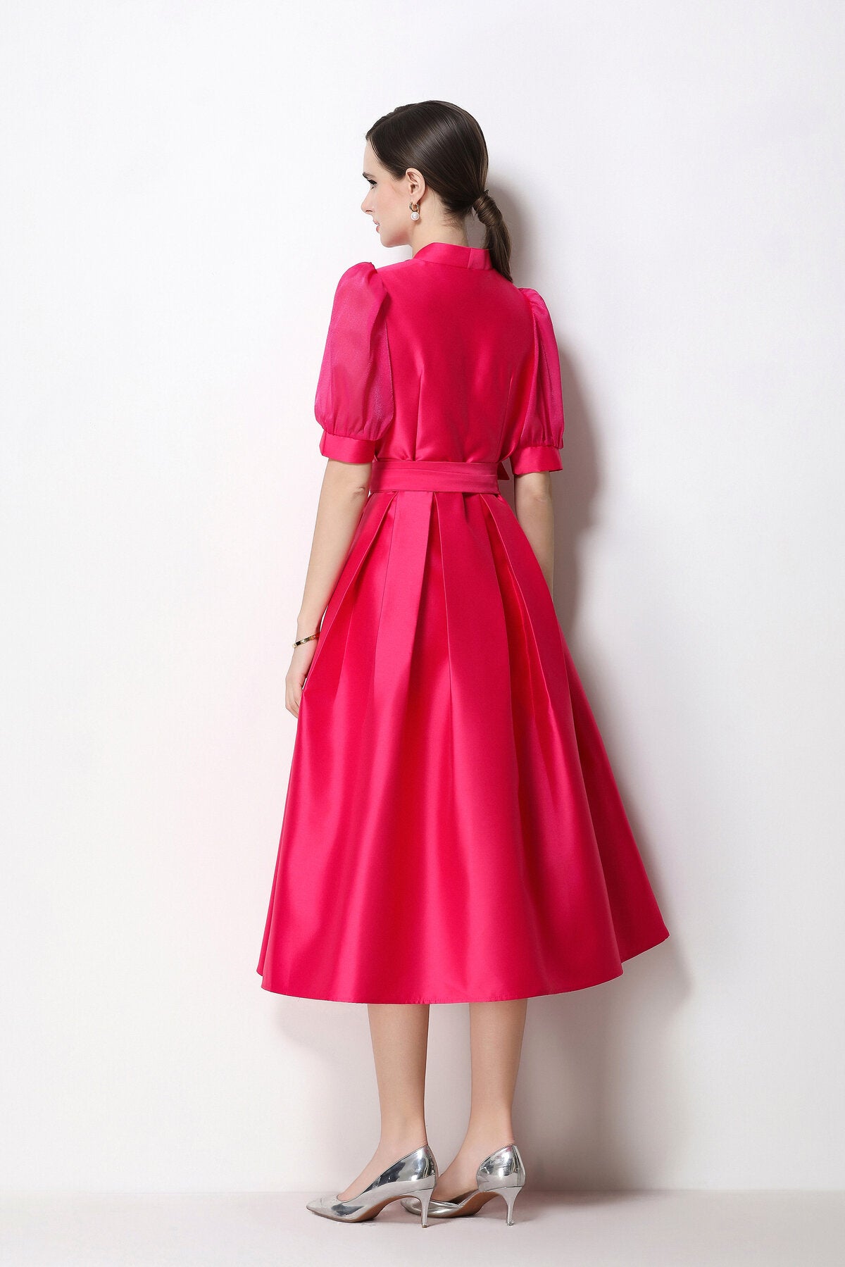 Structured Satin Wrap V-Neck Puff-Sleeve Midi Dress